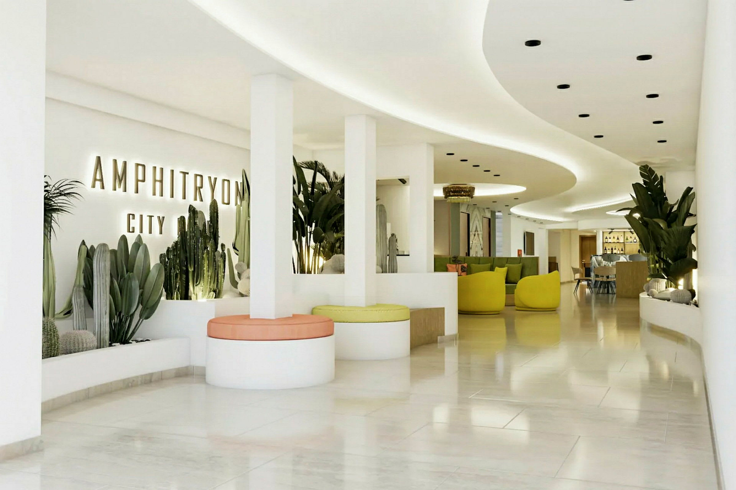 Interiørbillede af et moderne og lyst hotel med vægge dekoreret med planter, siddeområder og et plankegulv. (AI-genereret tekst)