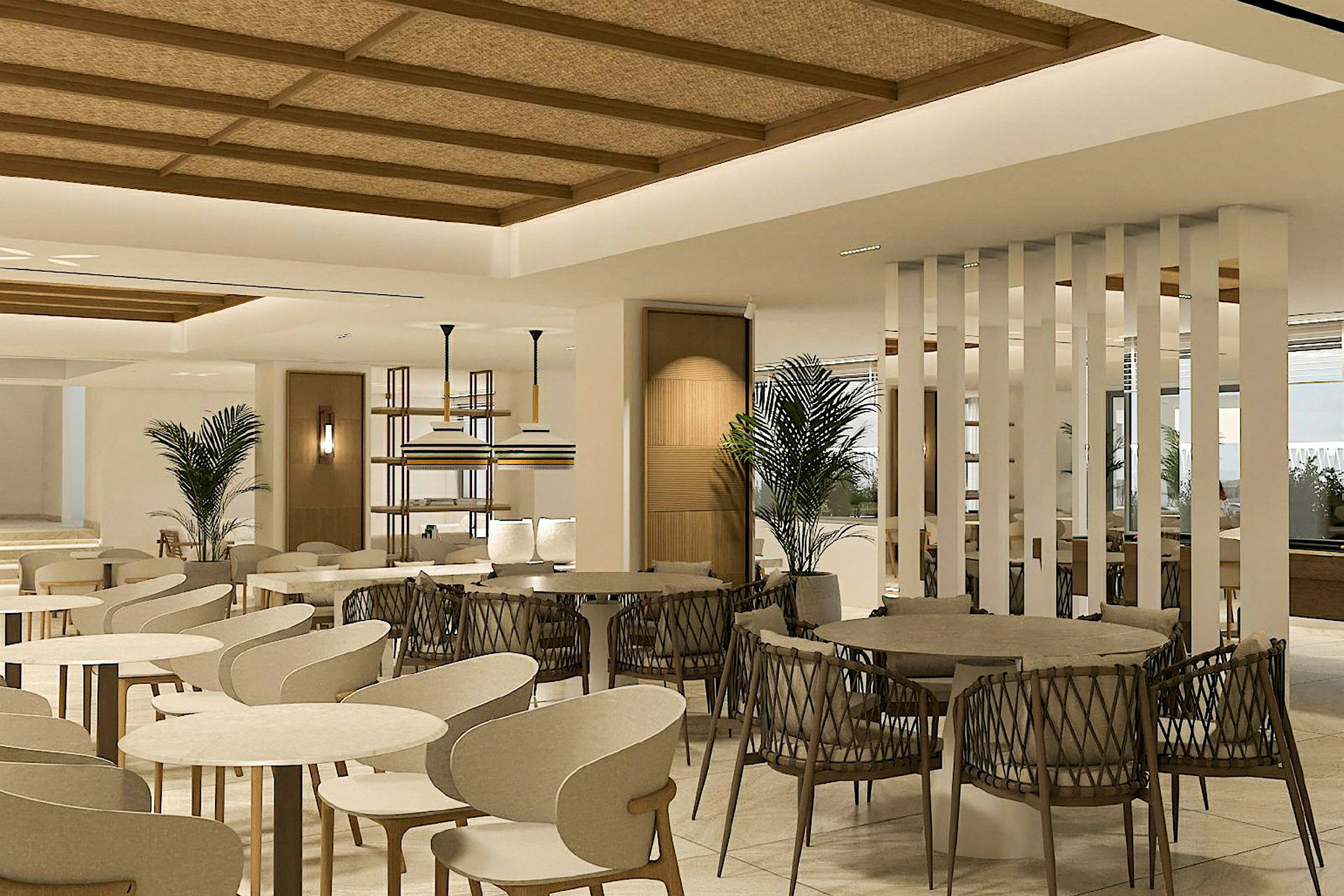 Moderne restaurantinteriør med borde, stole og dekorative planter. (AI-genereret tekst)