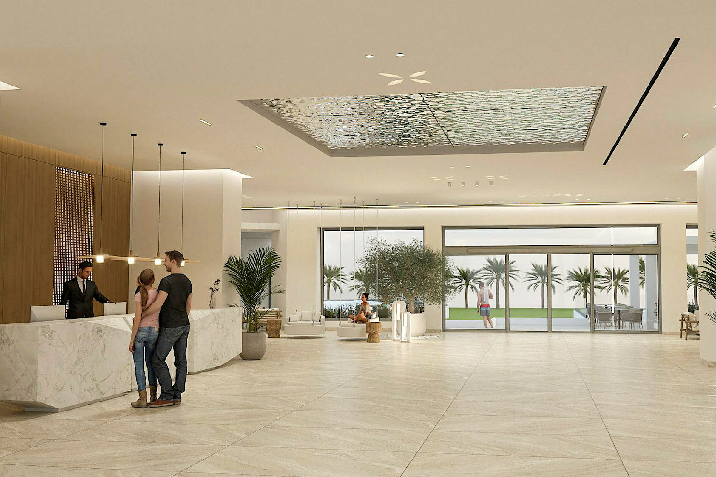 Hotellobby med stor glasindgang, reception med marmorbord og elegant indretning. (AI-genereret tekst)