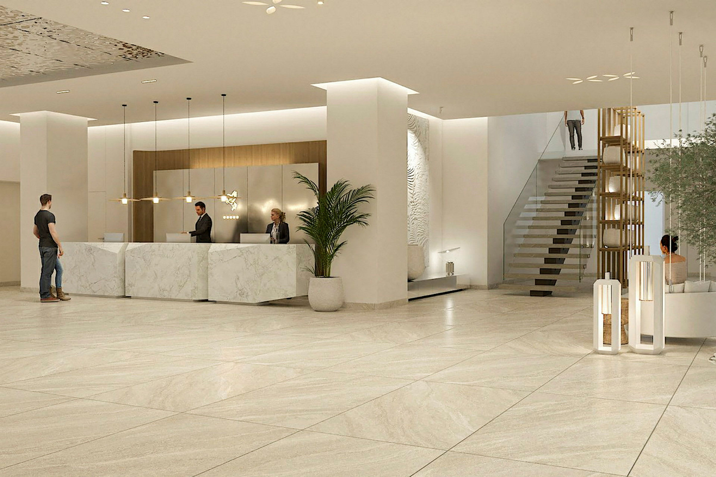 Hotellets reception med marmormure og trapper i moderne interiør. (AI-genereret tekst)