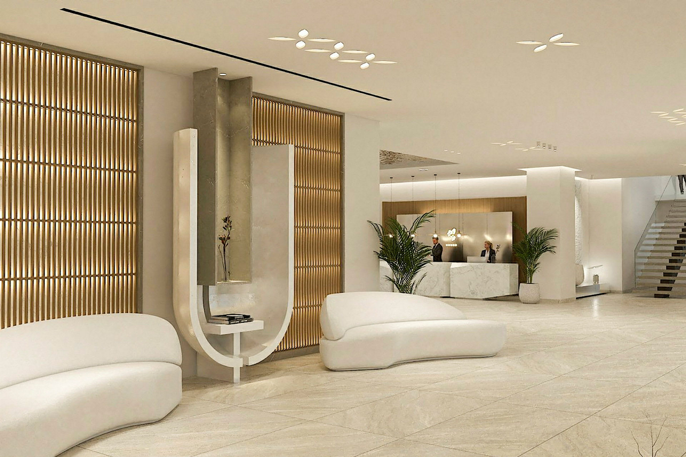Moderne hotellobby med reception og siddeområder. (AI-genereret tekst)