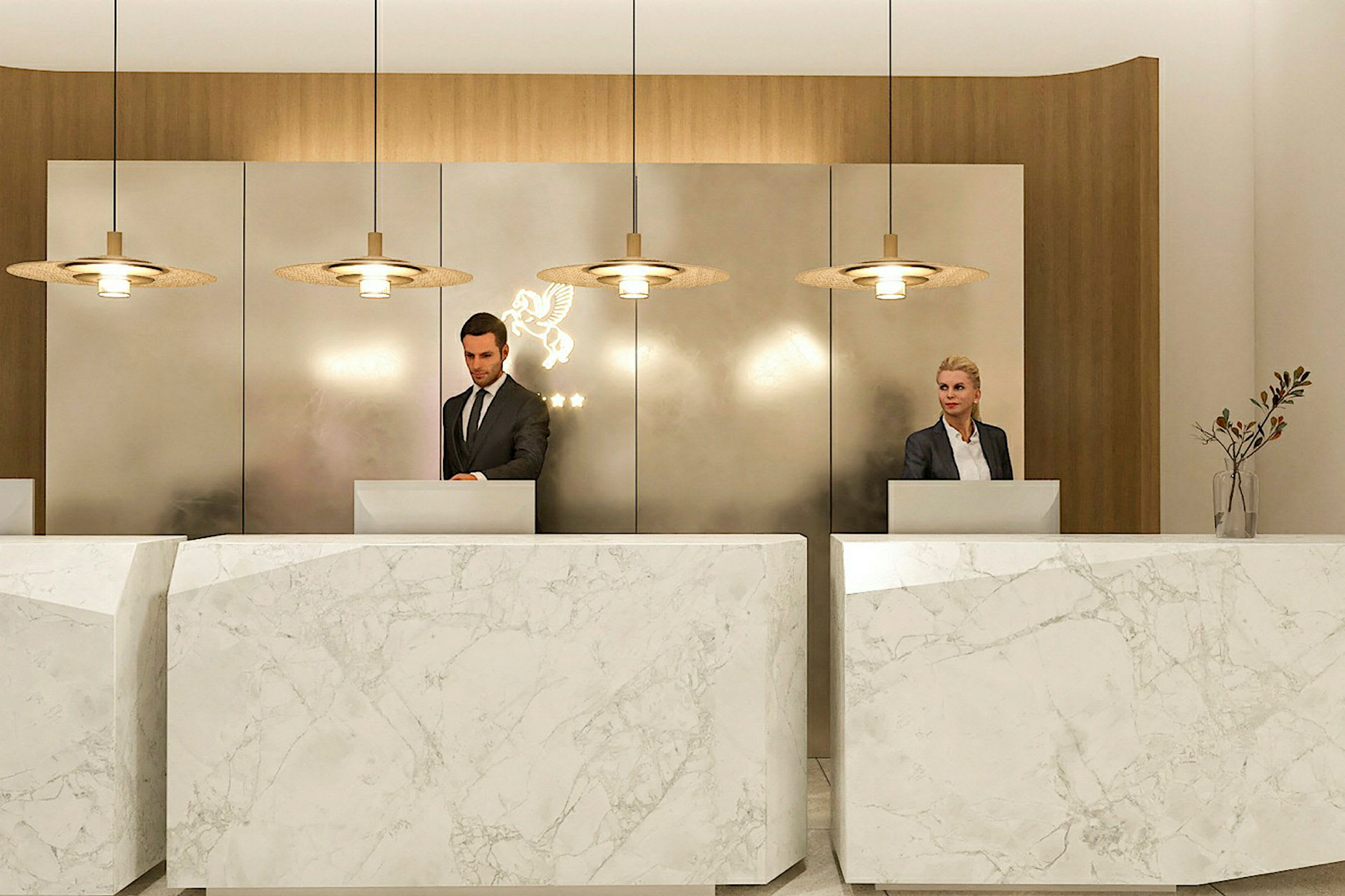 Reception i hotellets lobby med marmordiske og moderne loftslamper. (AI-genereret tekst)