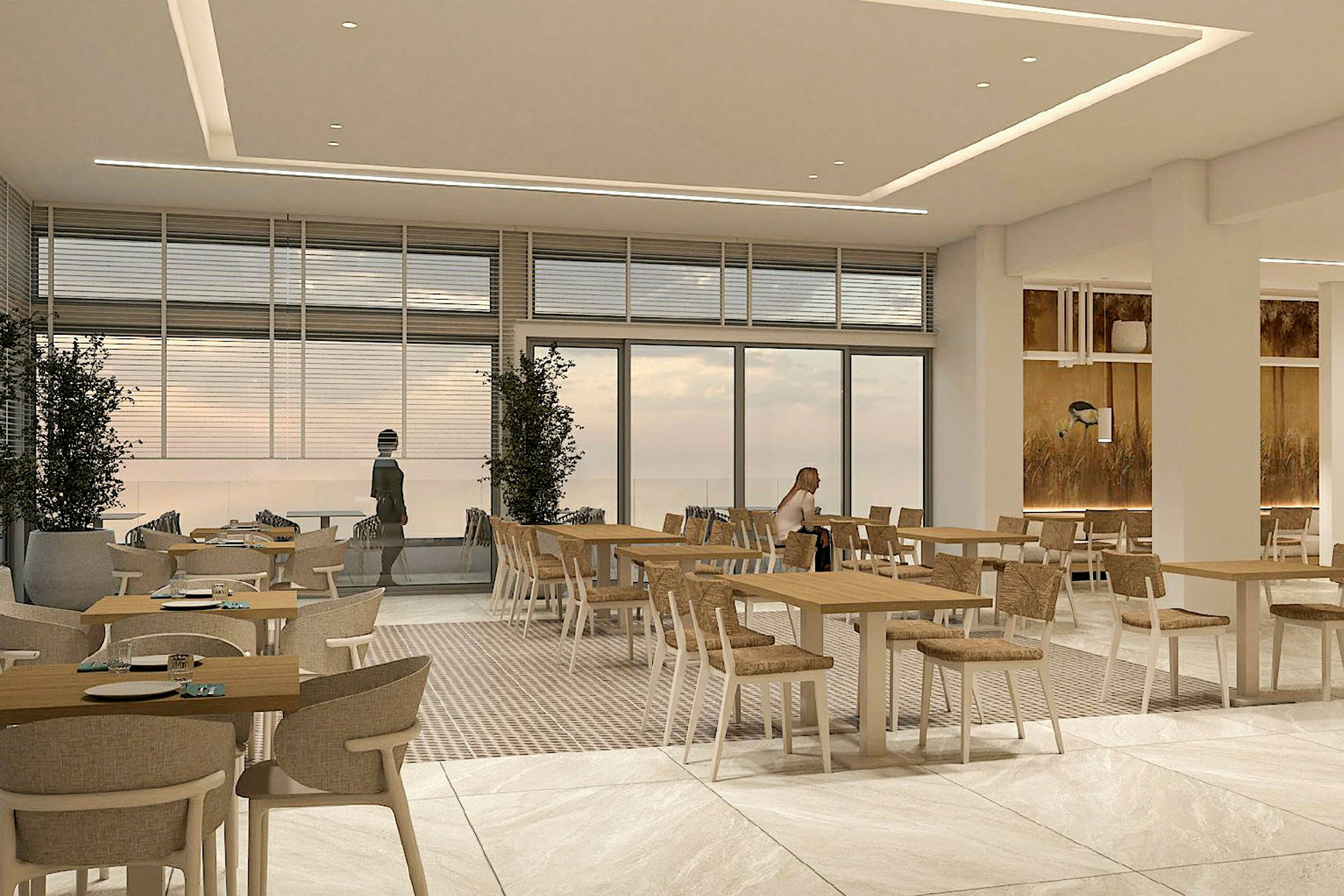 Restaurant med moderne møbler og store vinduer med udsigt. (AI-genereret tekst)