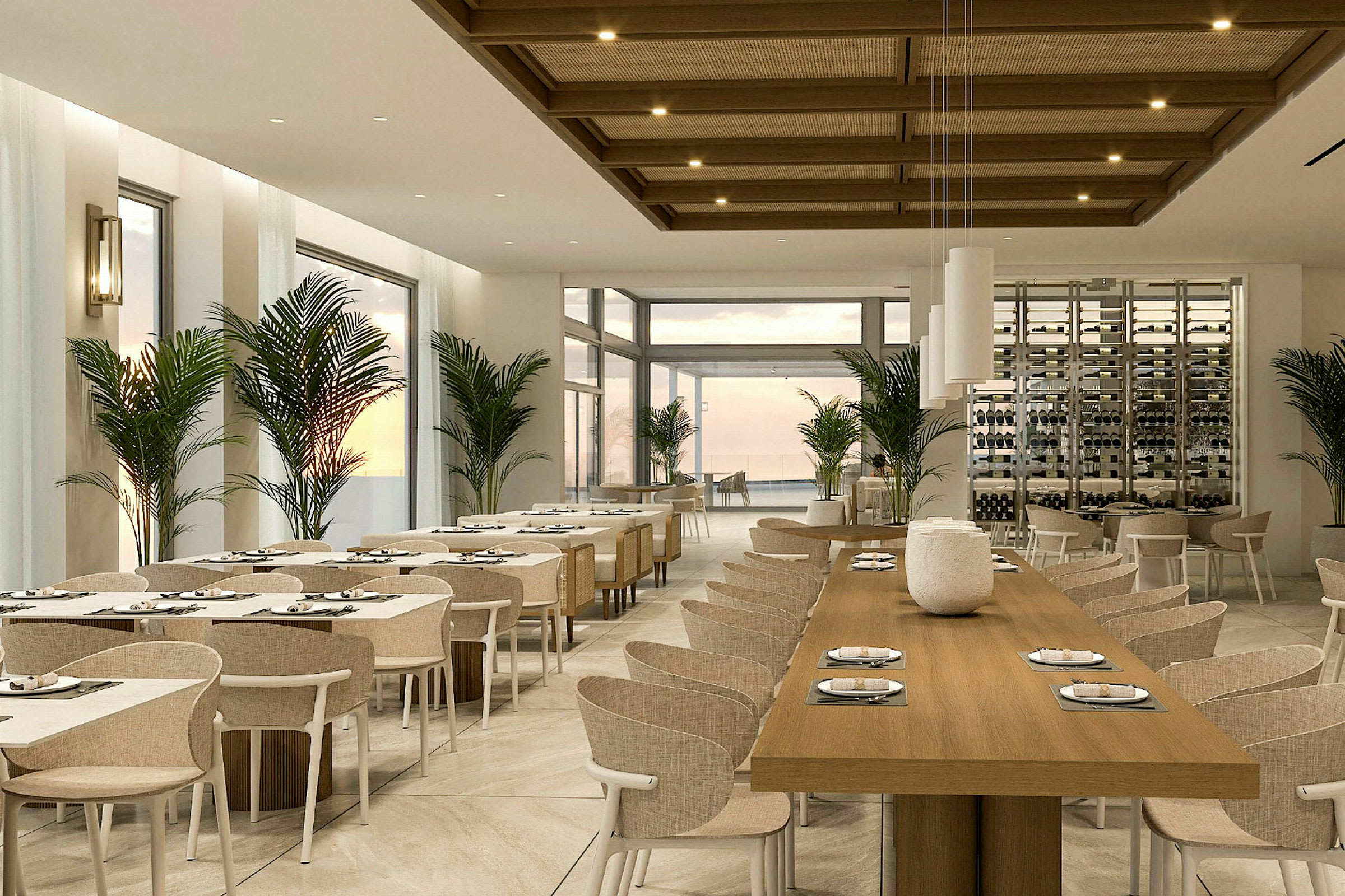 En moderne restaurant med hvide vægge, træmøbler og borde dækket med duge. (AI-genereret tekst)