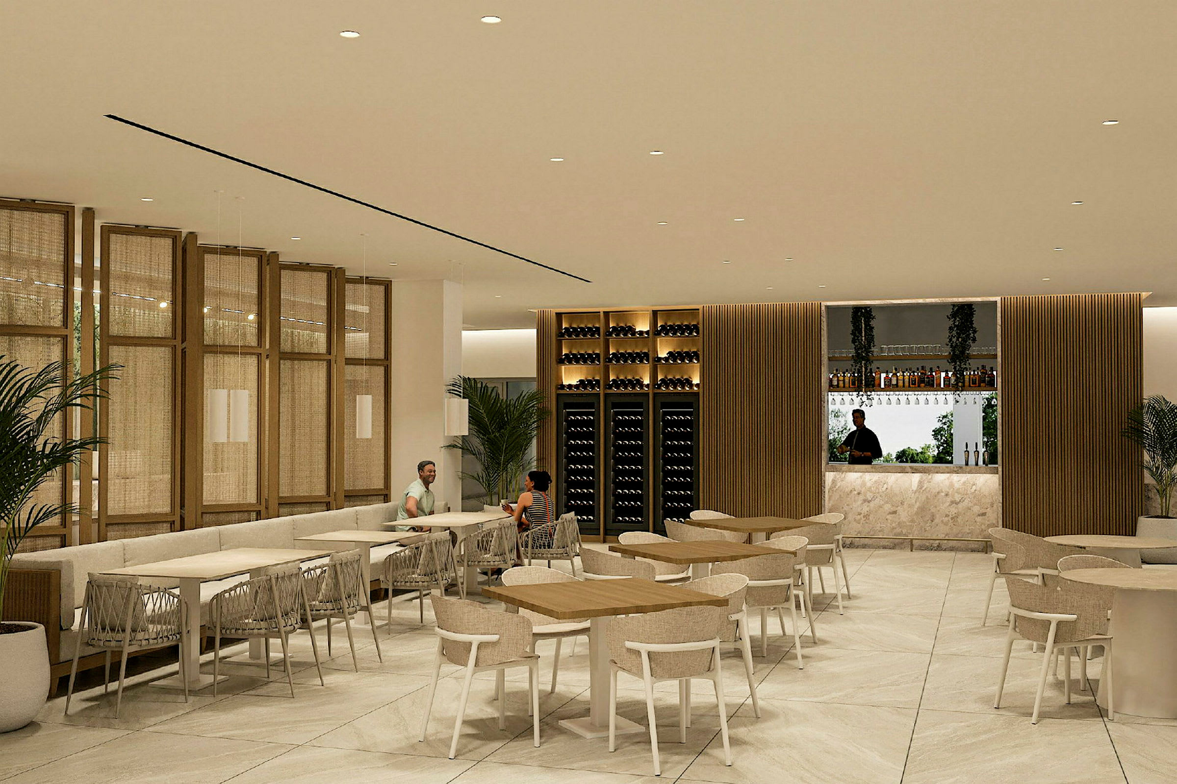 Interiør af en moderne restaurant med siddeområder, bar og vinopbevaring. (AI-genereret tekst)