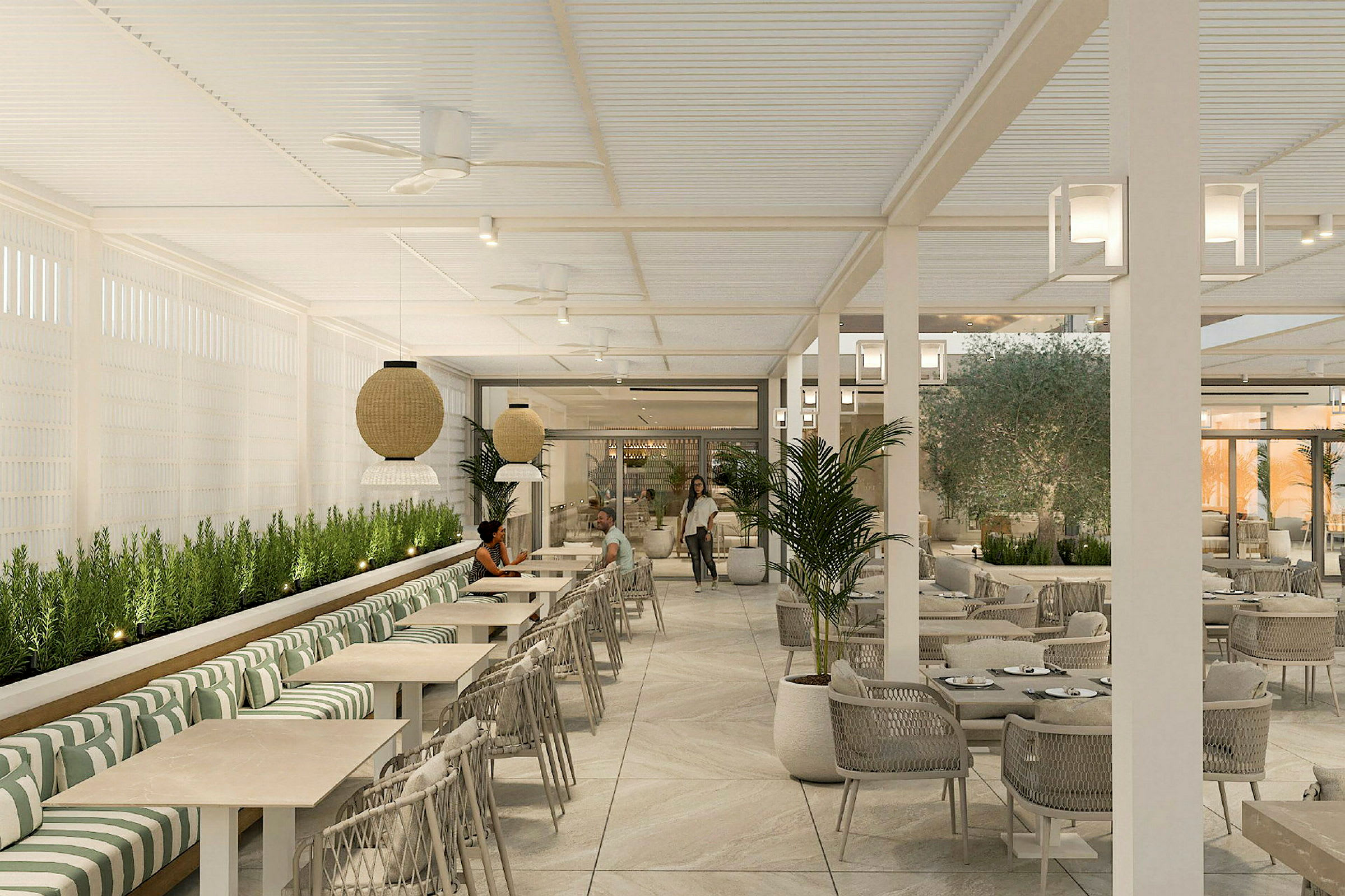 En restaurant med siddepladser, borde og planter. (AI-genereret tekst)