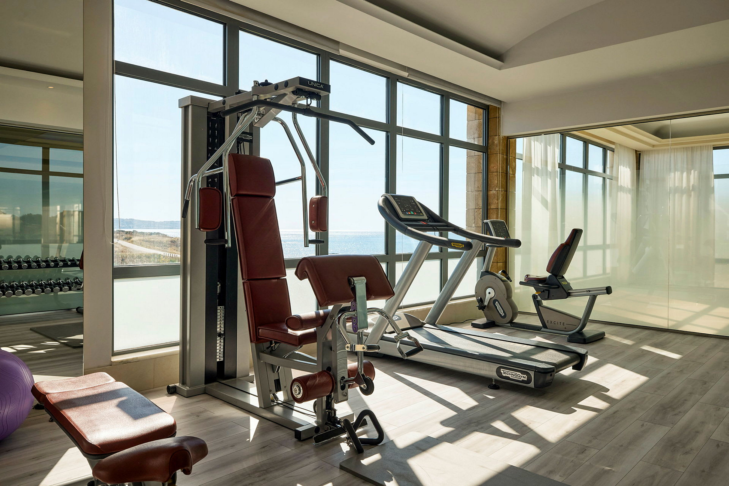 Et fitnesscenter med træningsmaskiner, herunder løbebånd og styrketræningsudstyr, med store vinduer der giver udsigt til landskabet udenfor. (AI-genereret tekst)