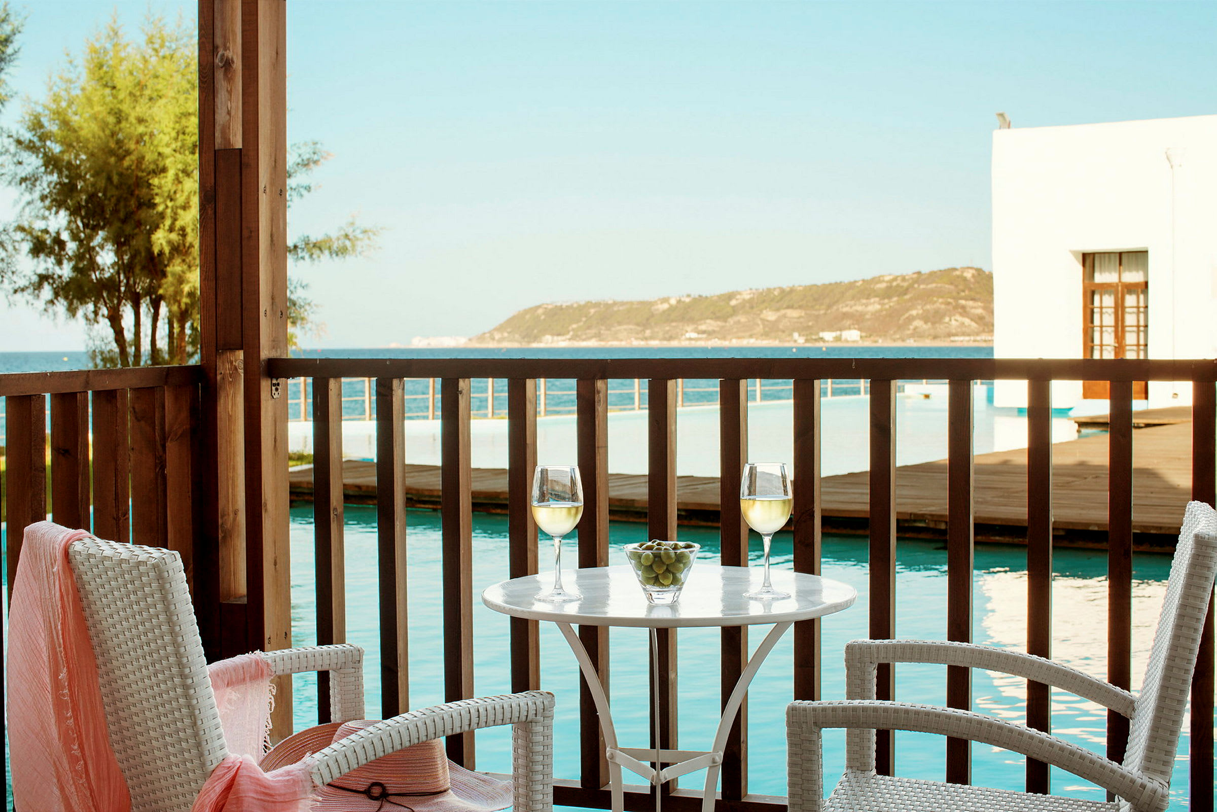 To glas hvidvin og en skål med druer på et bord på en terrasse med udsigt over havet. (AI-genereret tekst)