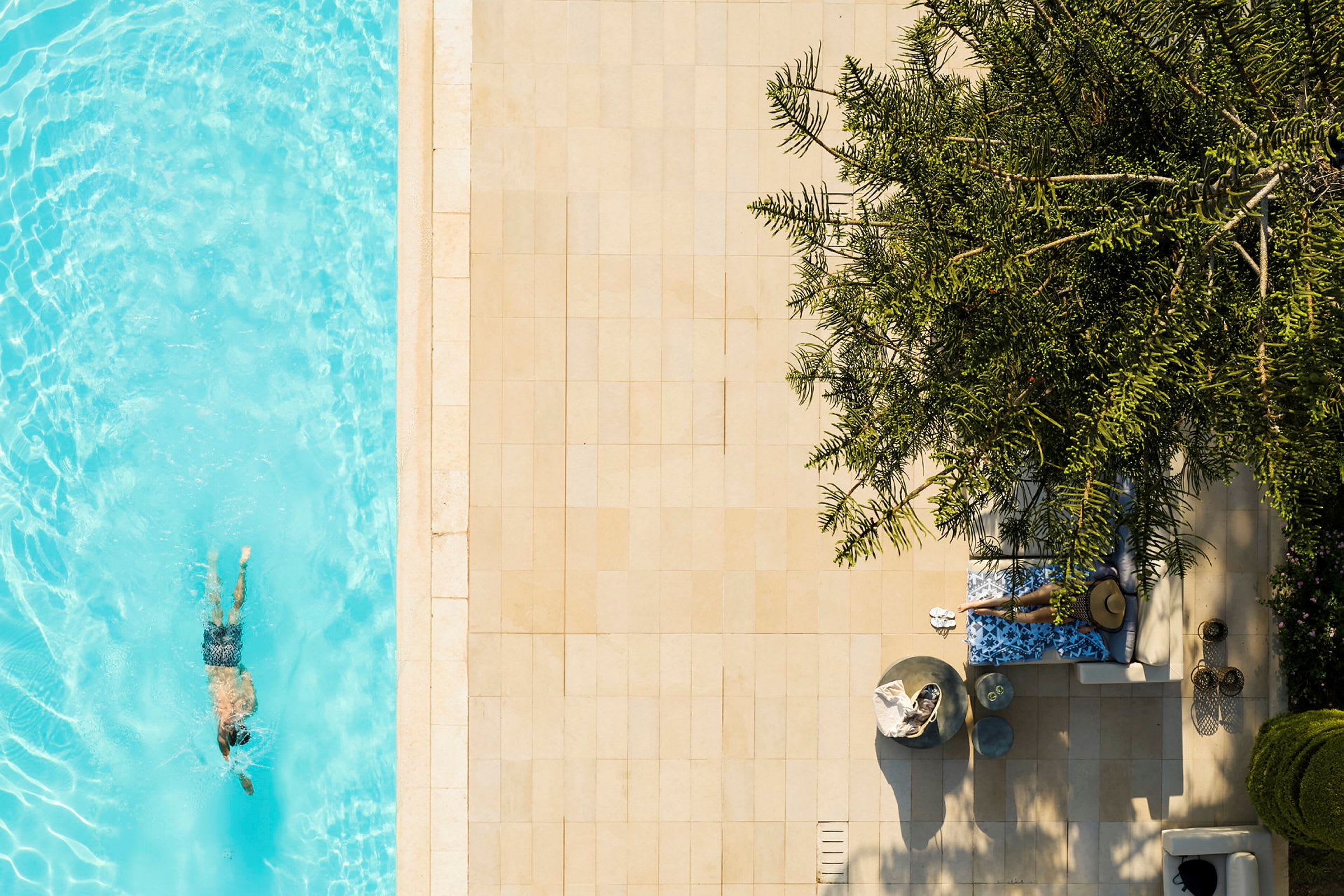 En person svømmer i en klar blå pool. Ved siden af poolen ligger en person på en solseng under et træ. (AI-genereret tekst)