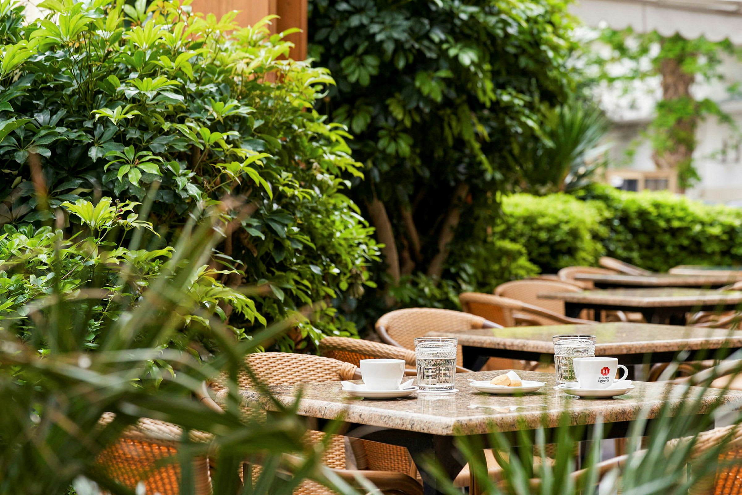 Billedet viser en udendørs café med borde og stole omgivet af grønt. (AI-genereret tekst)