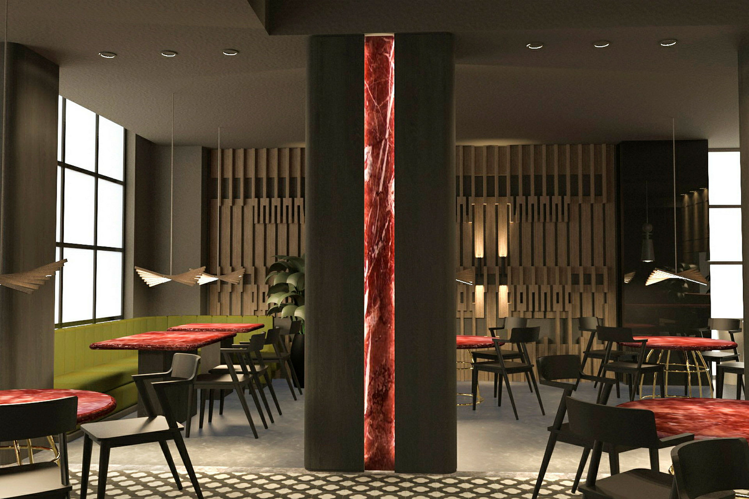Moderne restaurantinteriør med marmorborde, sorte stole og dekorativ belysning. (AI-genereret tekst)