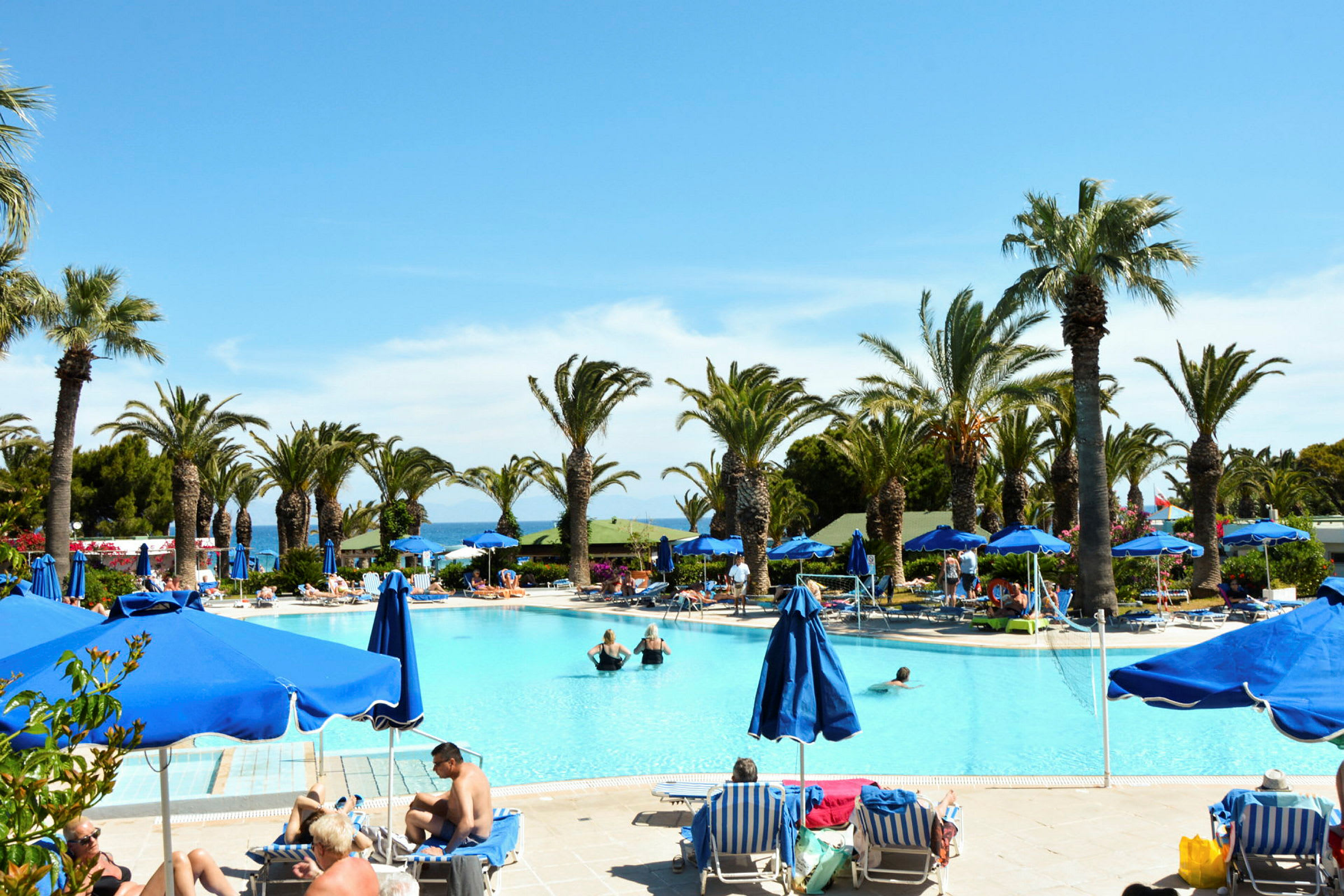 En pool omgivet af liggestole og parasoller med udsigt over palmer og havet i baggrunden. (AI-genereret tekst)