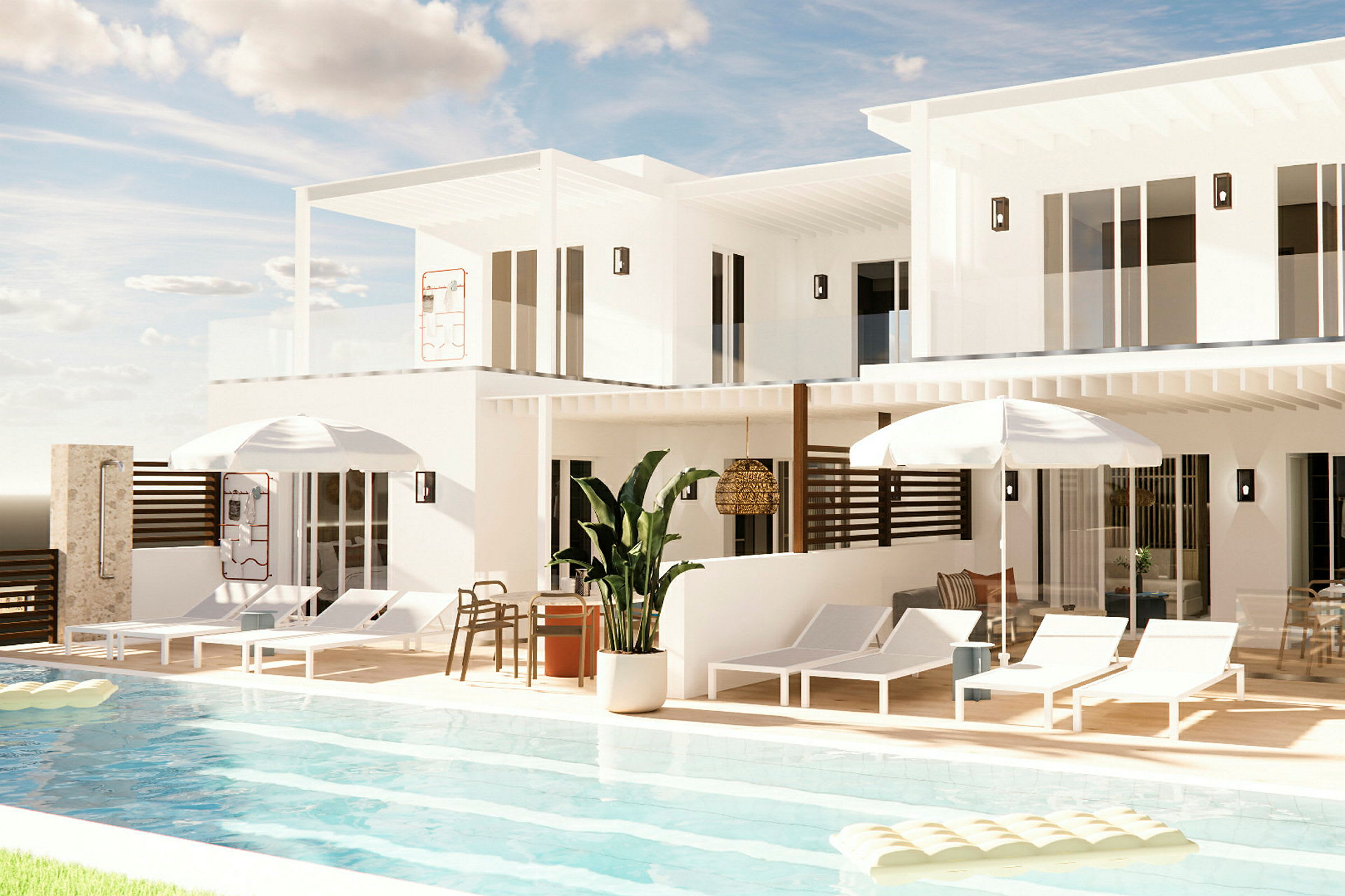 Billede af en moderne pool med liggestole, parasoller og en hvid villa i baggrunden. (AI-genereret tekst)