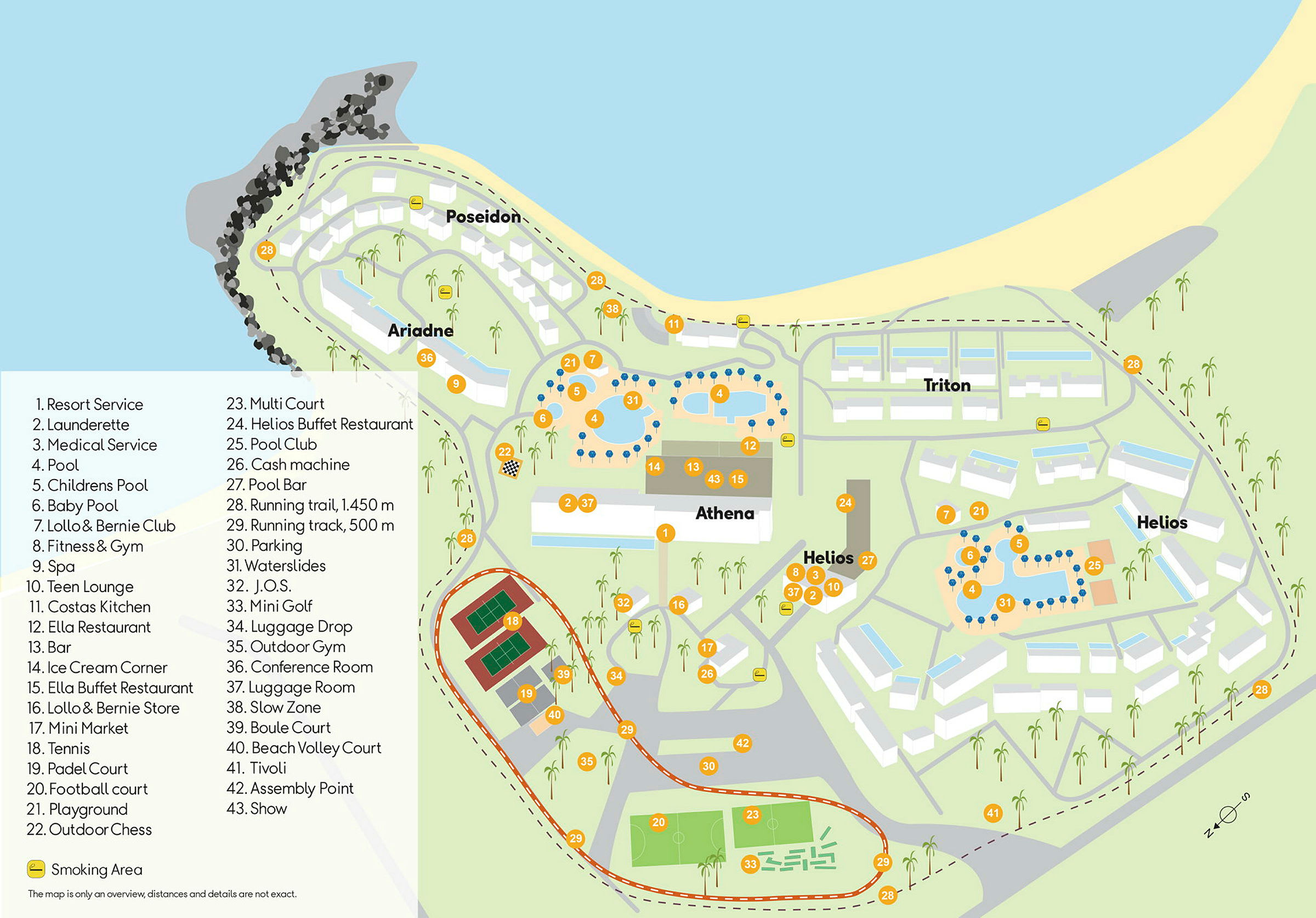 Et kort over et ferieområde med forskellige bygninger, swimmingpools, sportsfaciliteter og andre tjenester, omgivet af havet og stranden. (AI-genereret tekst)