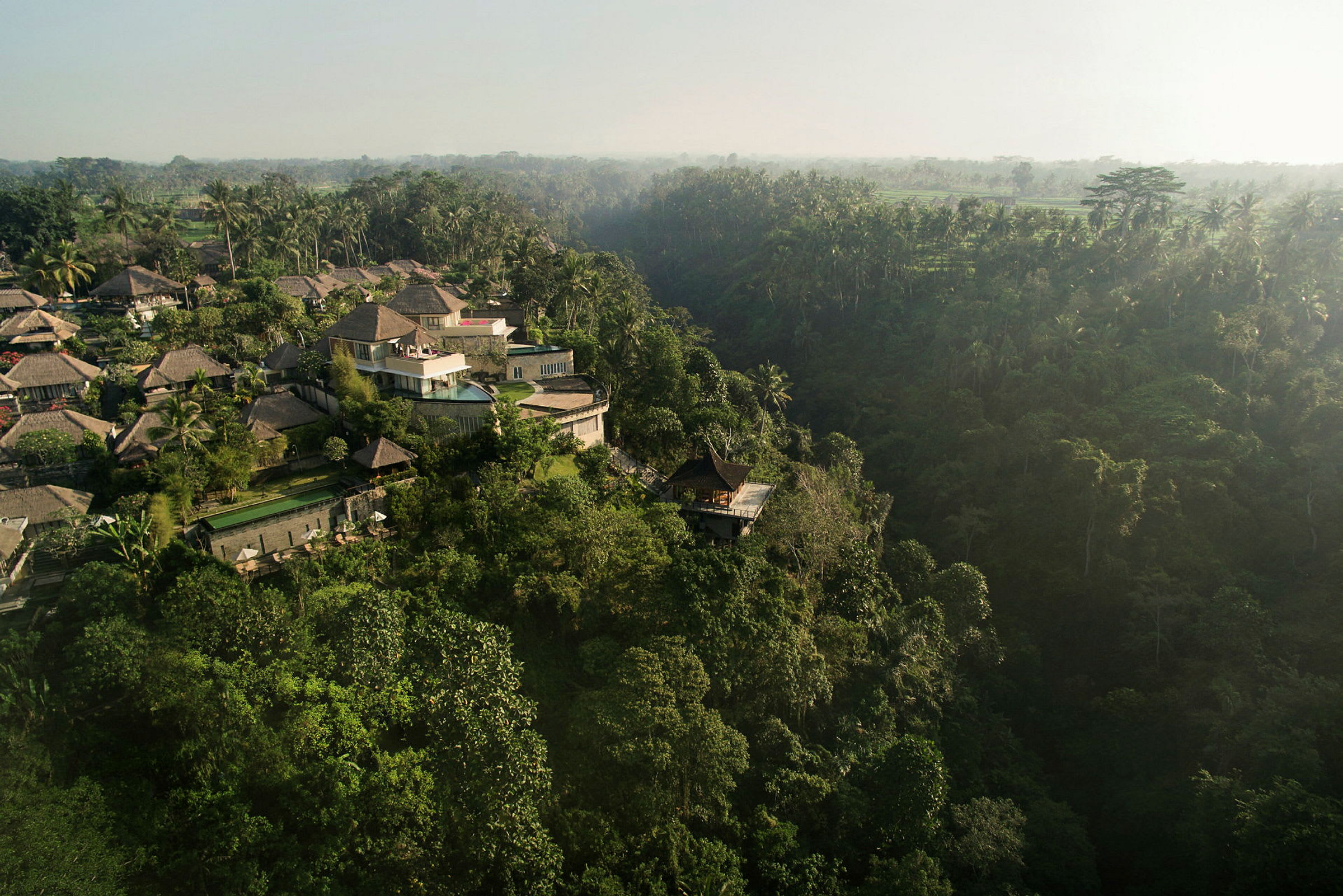 En udsigt over en grøn jungle med traditionelle bygninger og moderne huse spredt blandt træerne. (AI-genereret tekst)