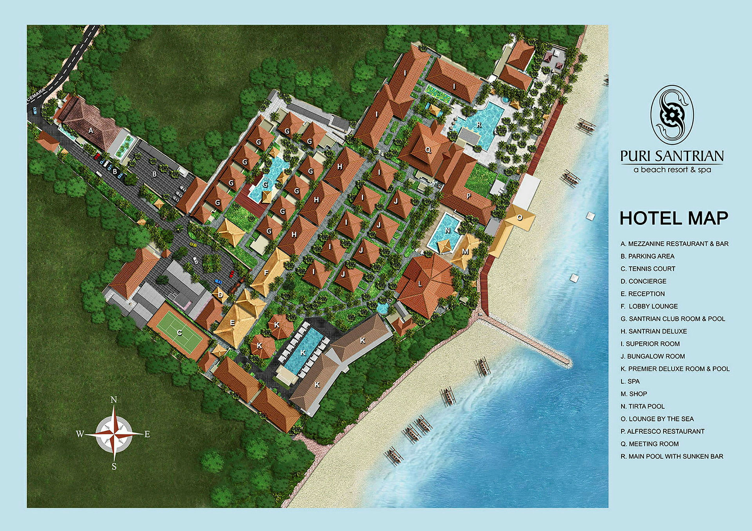 Kort over Puri Santrian Beach Resort & Spa, inklusive bygninger og faciliteter. (AI-genereret tekst)