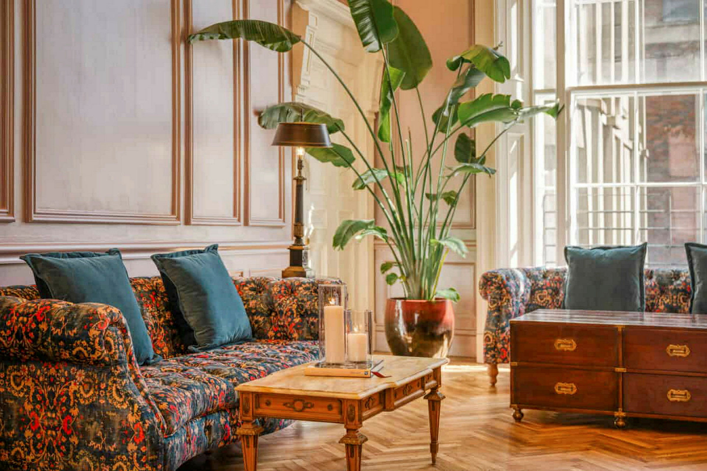 En stue med blomstrede sofaer, et træbord og en stor grøn potteplante. (AI-genereret tekst)
