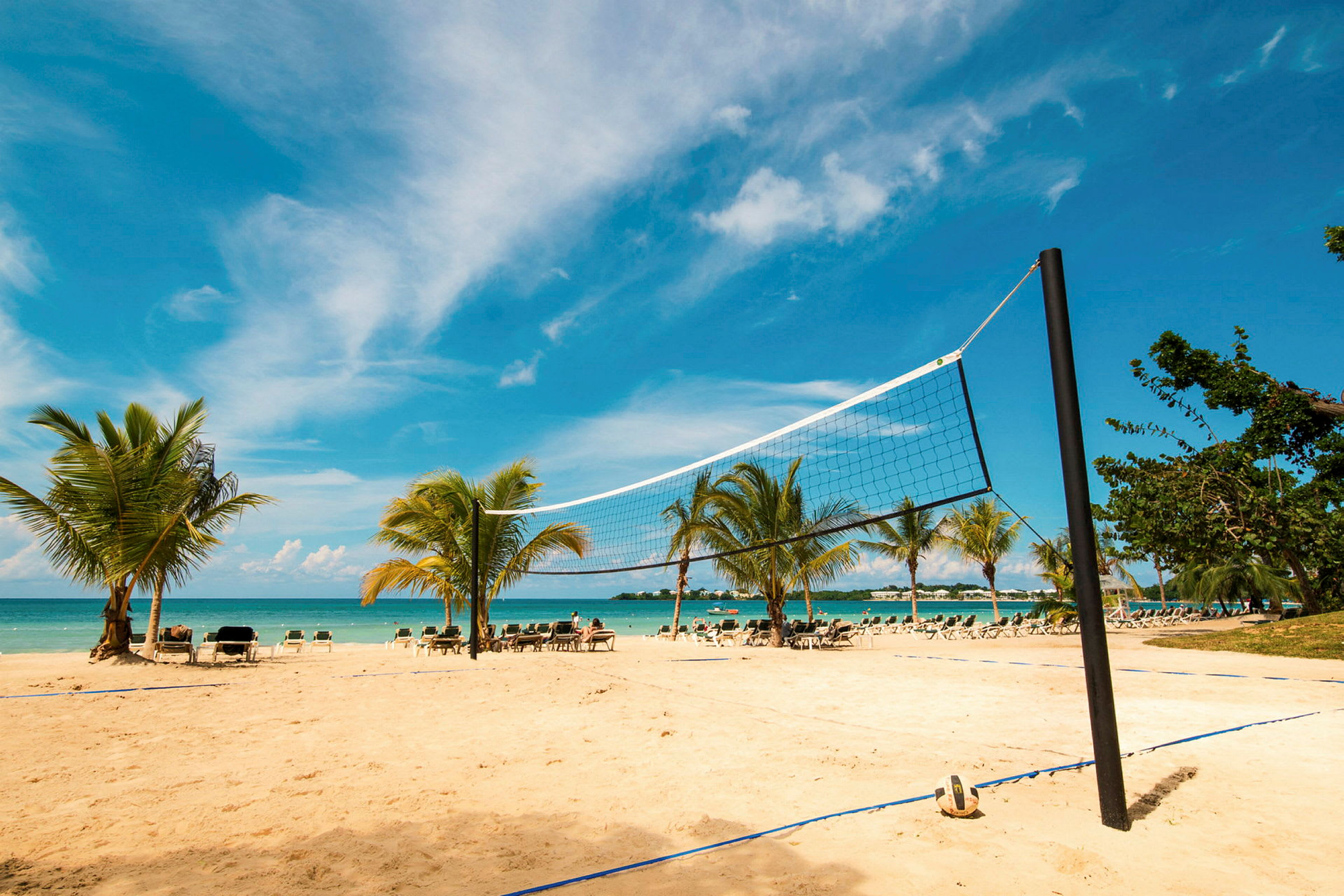 En strand med et volleyballnet, sand og palmer i et tropisk miljø. (AI-genereret tekst)