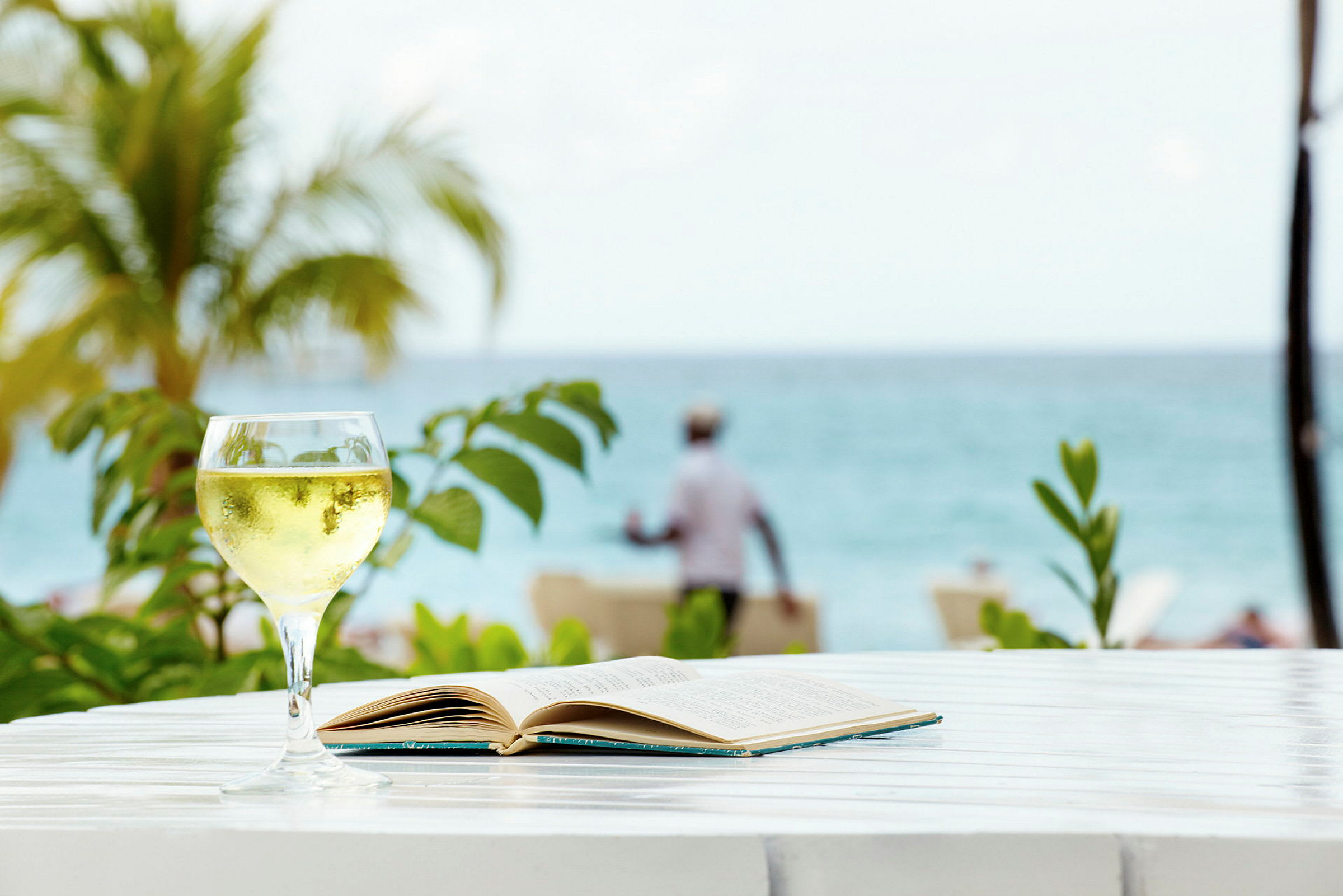 Et glas med drikke og en bog ligger på et bord med havet og en palme i baggrunden. (AI-genereret tekst)