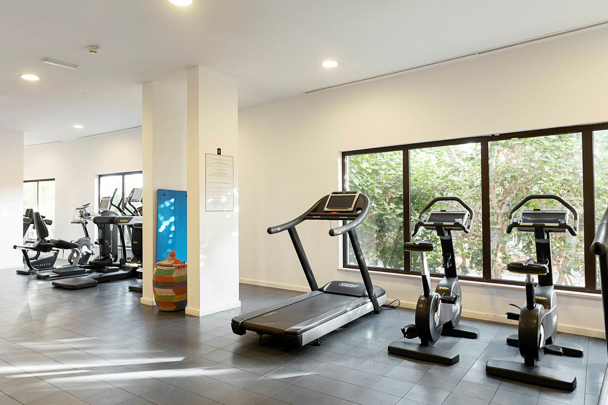 Et fitnesscenter med træningsmaskiner, herunder løbebånd og motionscykler, ved siden af vinduer. (AI-genereret tekst)