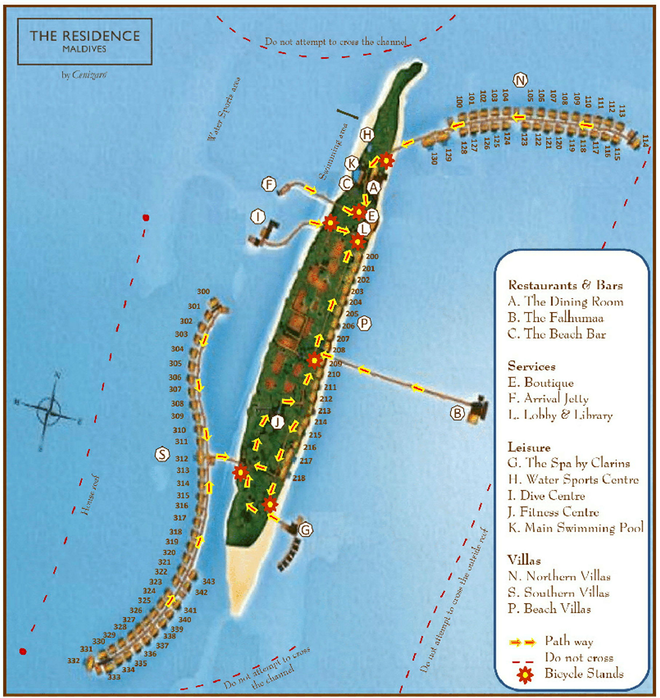 Kort over The Residence Maldives med markerede områder for restauranter, barer, tjenester, fritidsaktiviteter og boligtyper. (AI-genereret tekst)