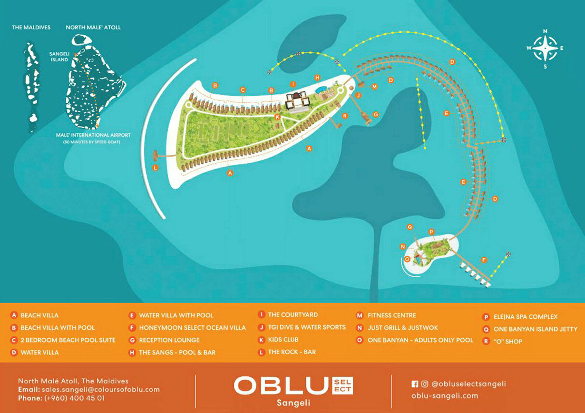 Et kort over Sangeeli, en ø på Maldiverne, der viser resorts, faciliteter og omkringliggende områder. (AI-genereret tekst)