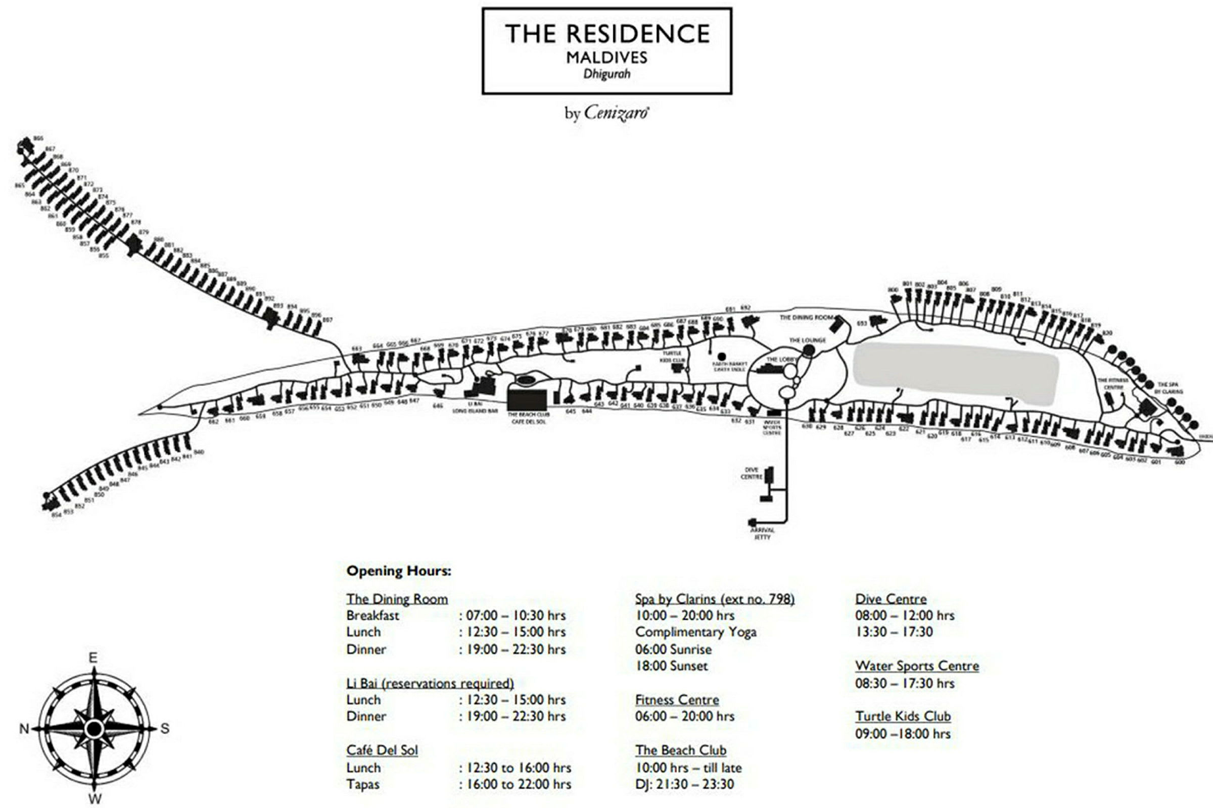 Kort over resortet The Residence Maldives Dhigurah med åbningstider for forskellige faciliteter. (AI-genereret tekst)