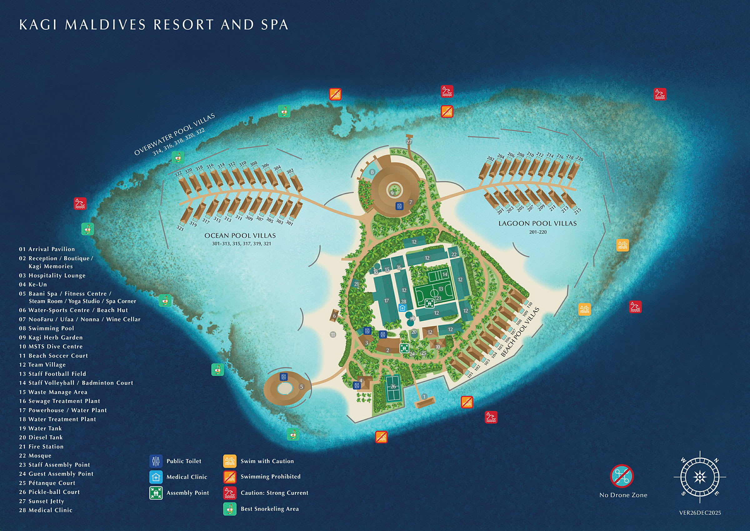 Kortillustration af resorten Kagi Maldives Resort and Spa med markerede bygninger, faciliteter og områder på en ø. (AI-genereret tekst)