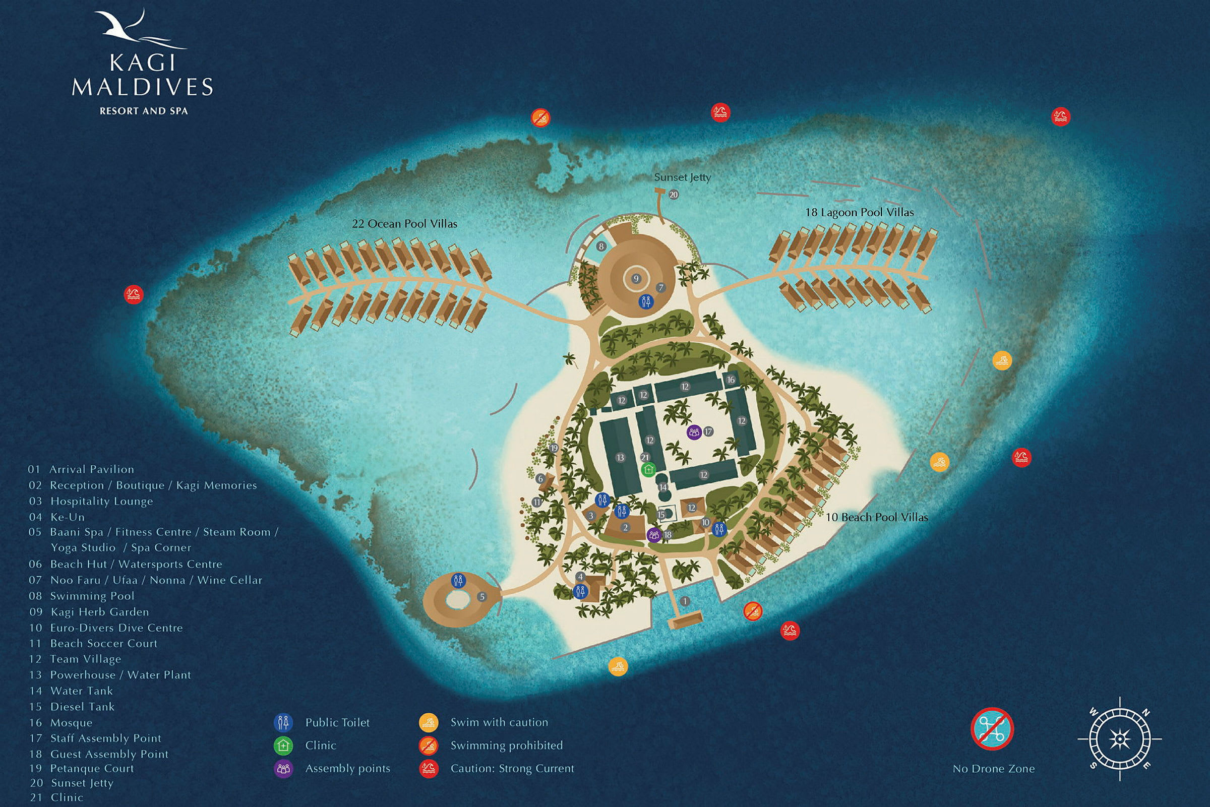 Illustreret kort over Kagi Maldives Resort og dets faciliteter. (AI-genereret tekst)