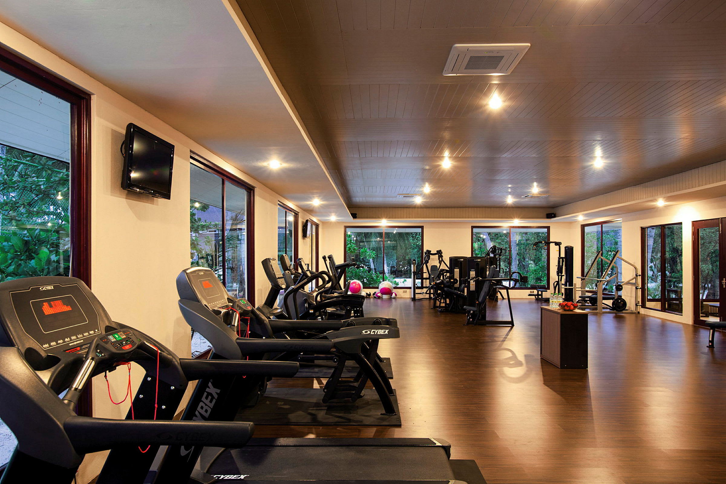 Fitnesscenter med træningsmaskiner og frie vægte. (AI-genereret tekst)