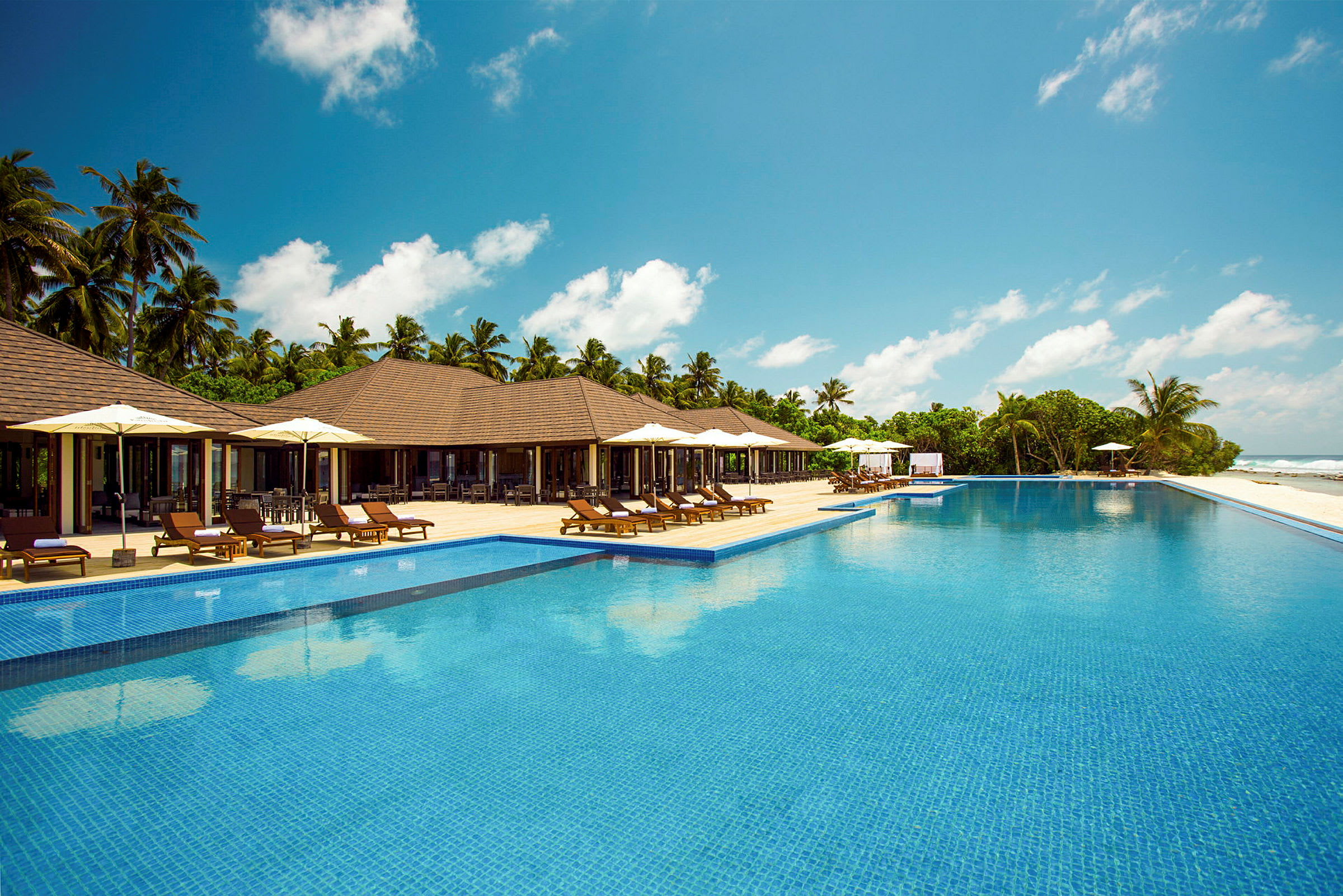 Billede af en infinity-pool ved en tropisk resort med liggestole, parasoller og palmer. (AI-genereret tekst)