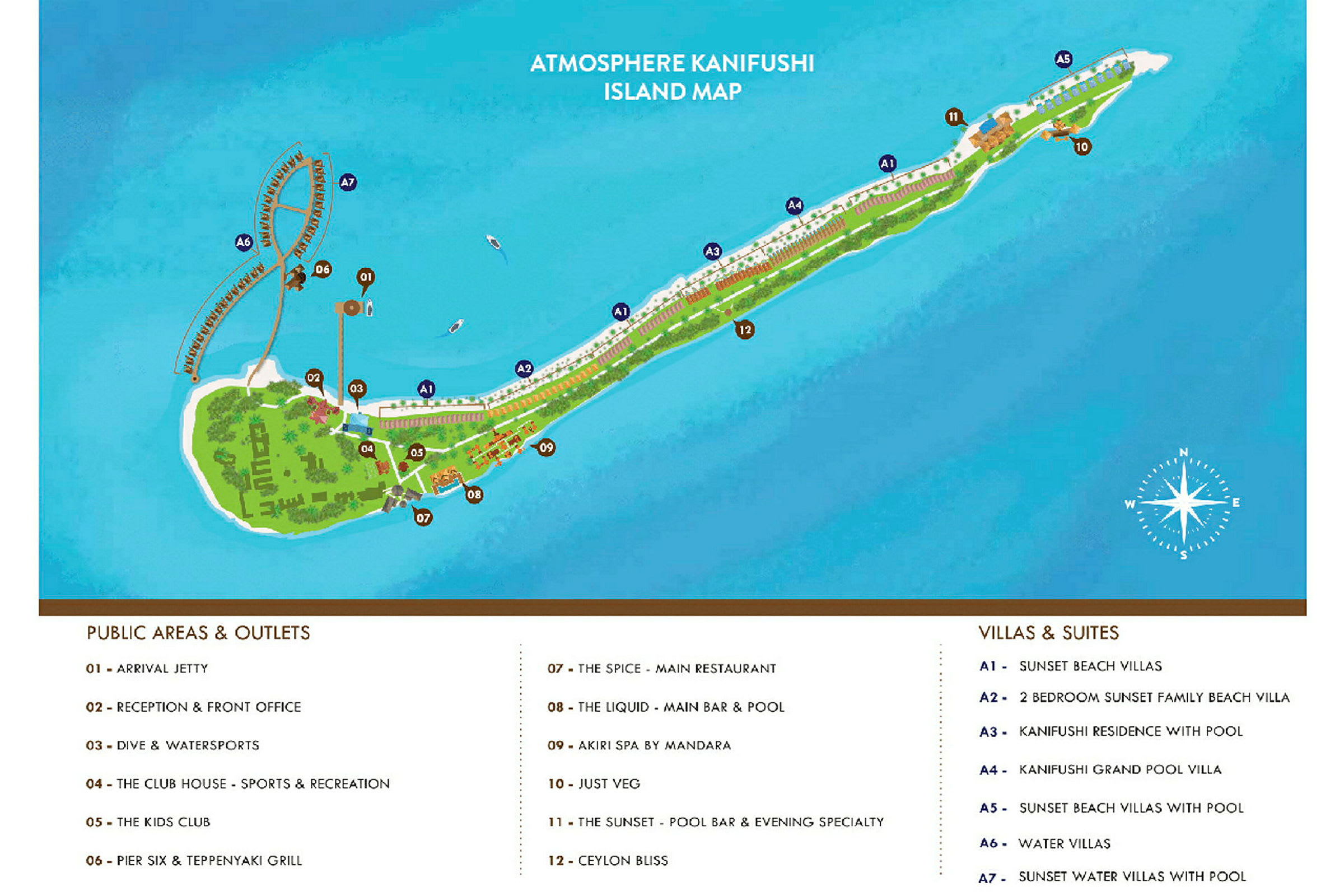 Kort over Atmosphere Kanifushi Island, der viser forskellige faciliteter og overnatningsmuligheder. (AI-genereret tekst)