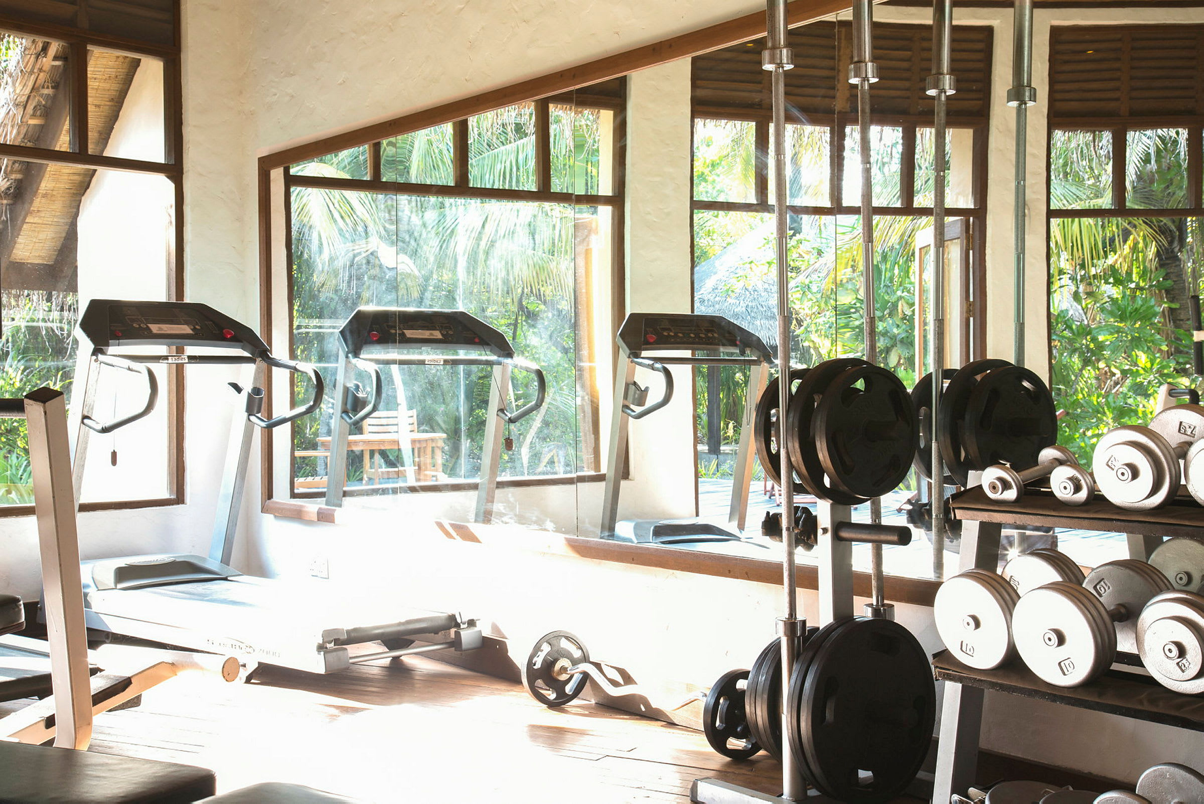 Fitnessudstyr i et rum med store vinduer og udsigt til haven. (AI-genereret tekst)