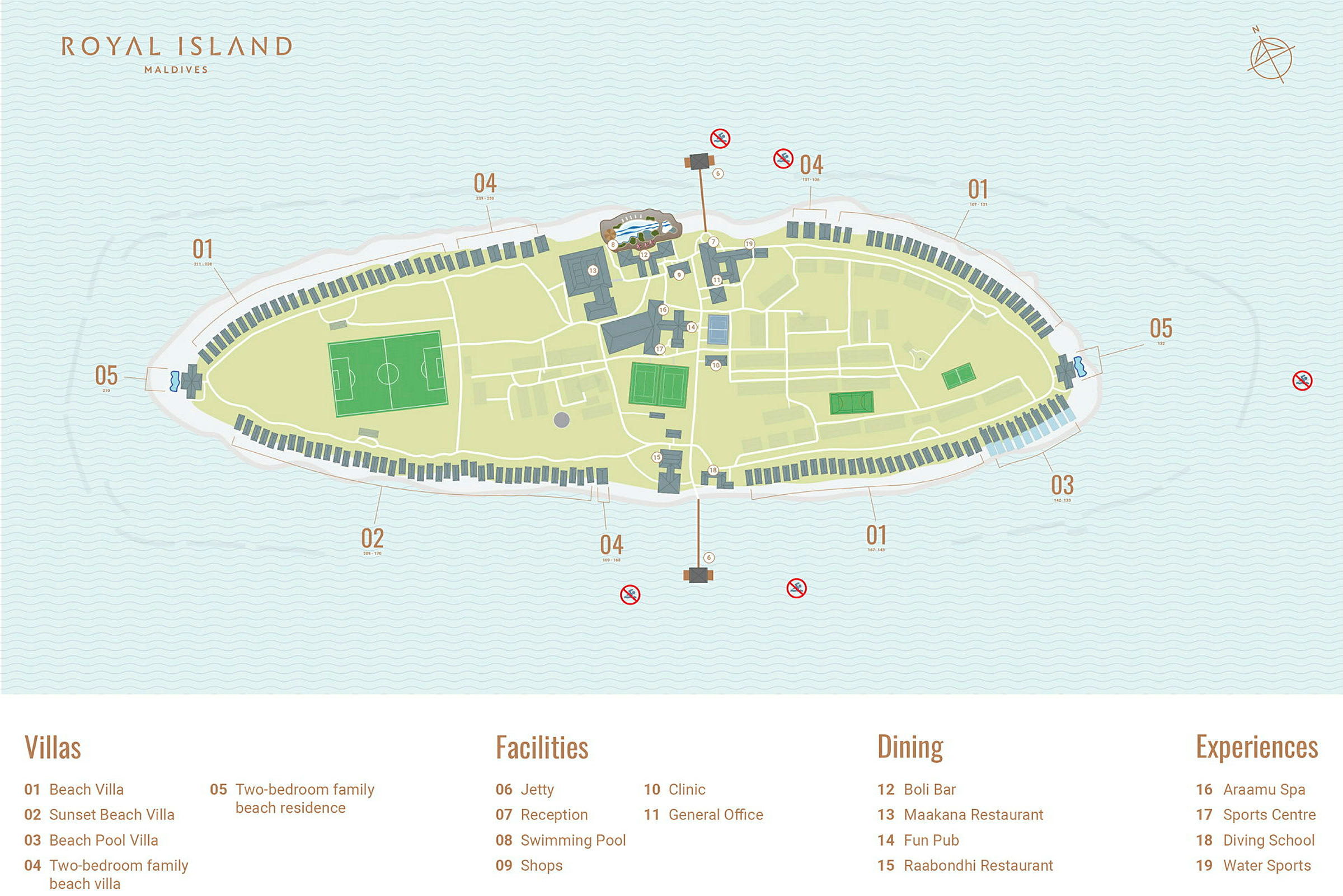 Kort over Royal Island Maldives, der viser feriestedets layout og faciliteter. (AI-genereret tekst)