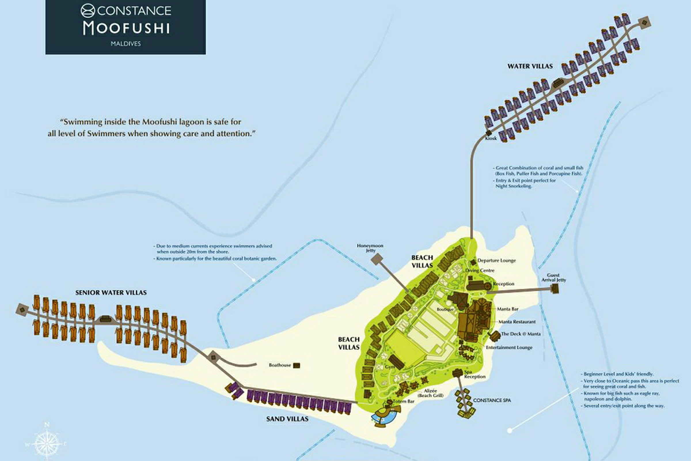 Et kort over Constance Moofushi Resort på Maldiverne, inklusive forskellige typer villaer og faciliteter. (AI-genereret tekst)