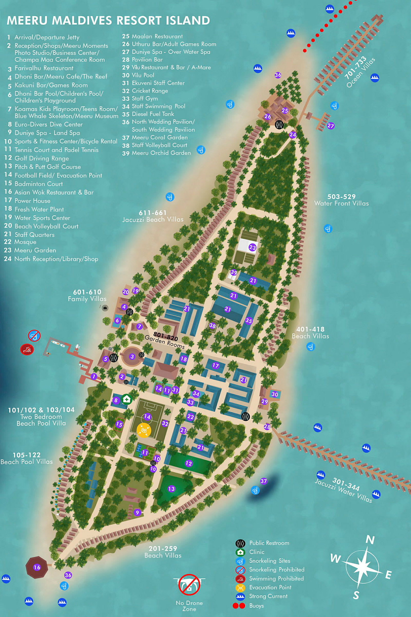 Kort over Meeru Maldives Resort Island med markerede steder og faciliteter. (AI-genereret tekst)