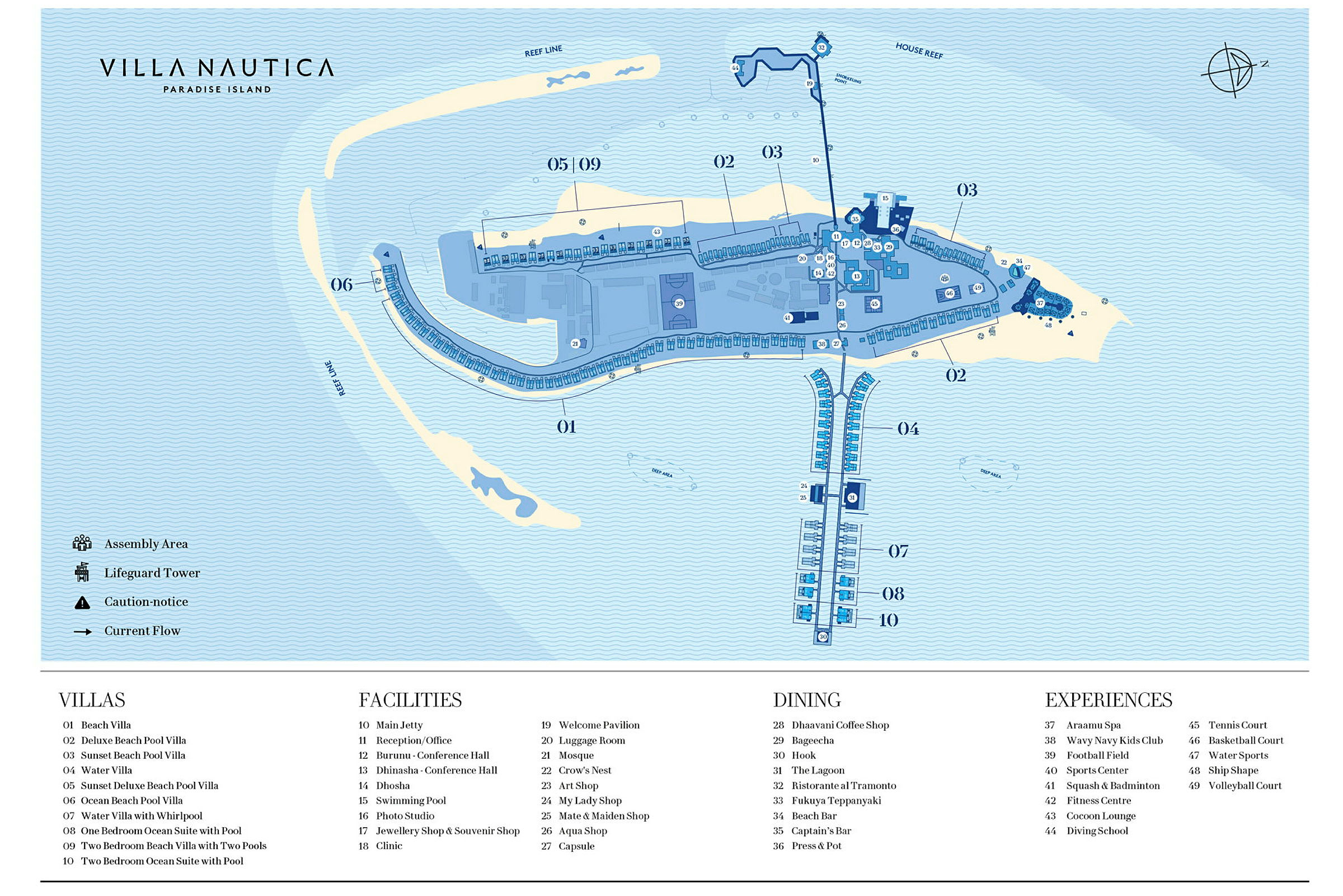 Kort over Villa Nautica Paradise Island med forskellige områder, faciliteter og villaer markeret. (AI-genereret tekst)