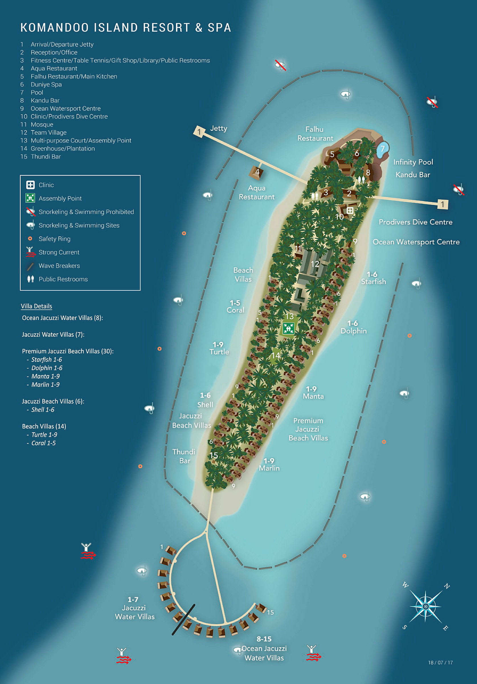 Kort over Komandoo Island Resort & Spa der viser resortens layout med indkvartering, faciliteter og aktiviteter. (AI-genereret tekst)