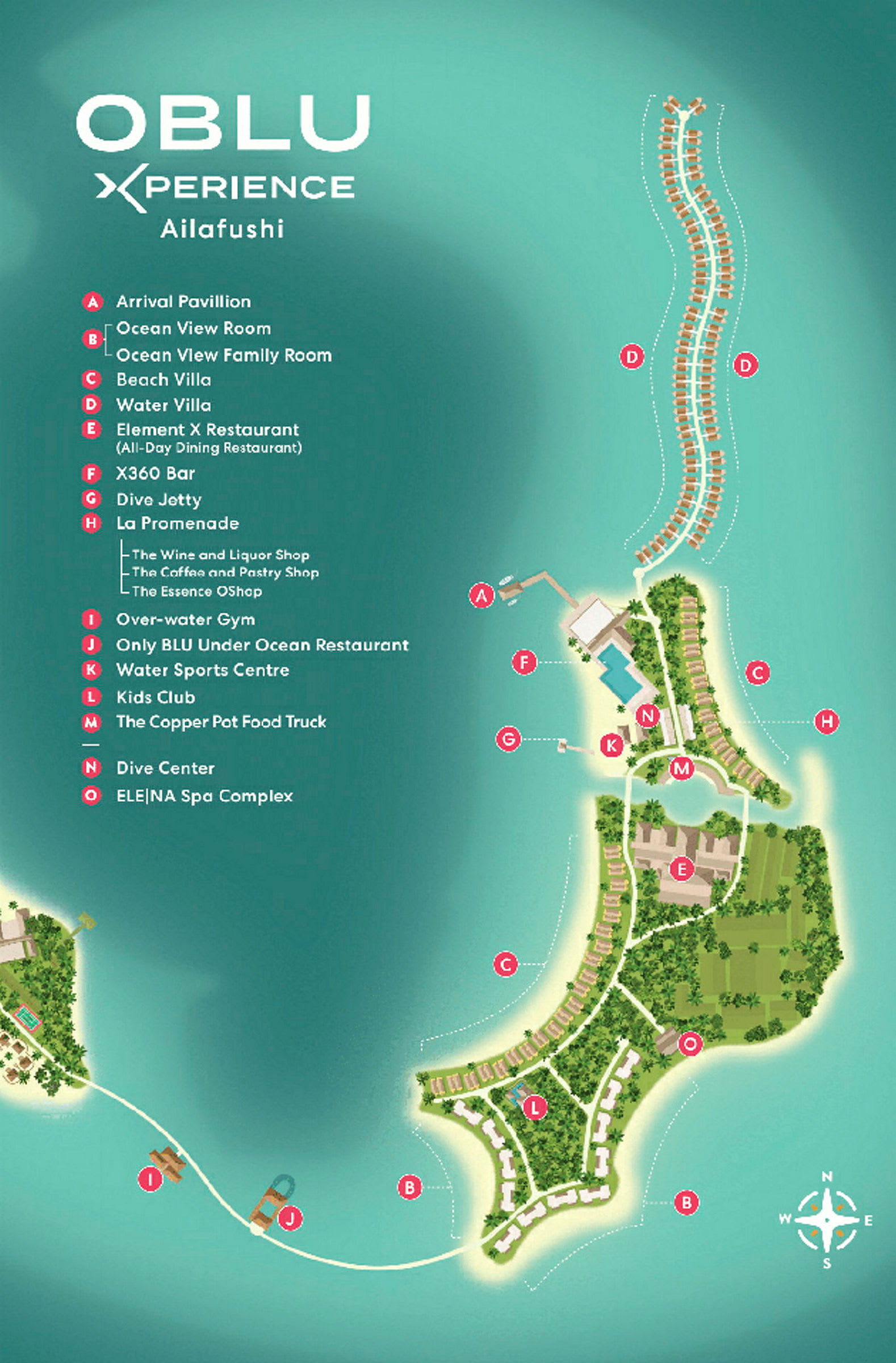 Kort over OBLU Xperience Ailafushi resort med forskellige faciliteter markeret. (AI-genereret tekst)