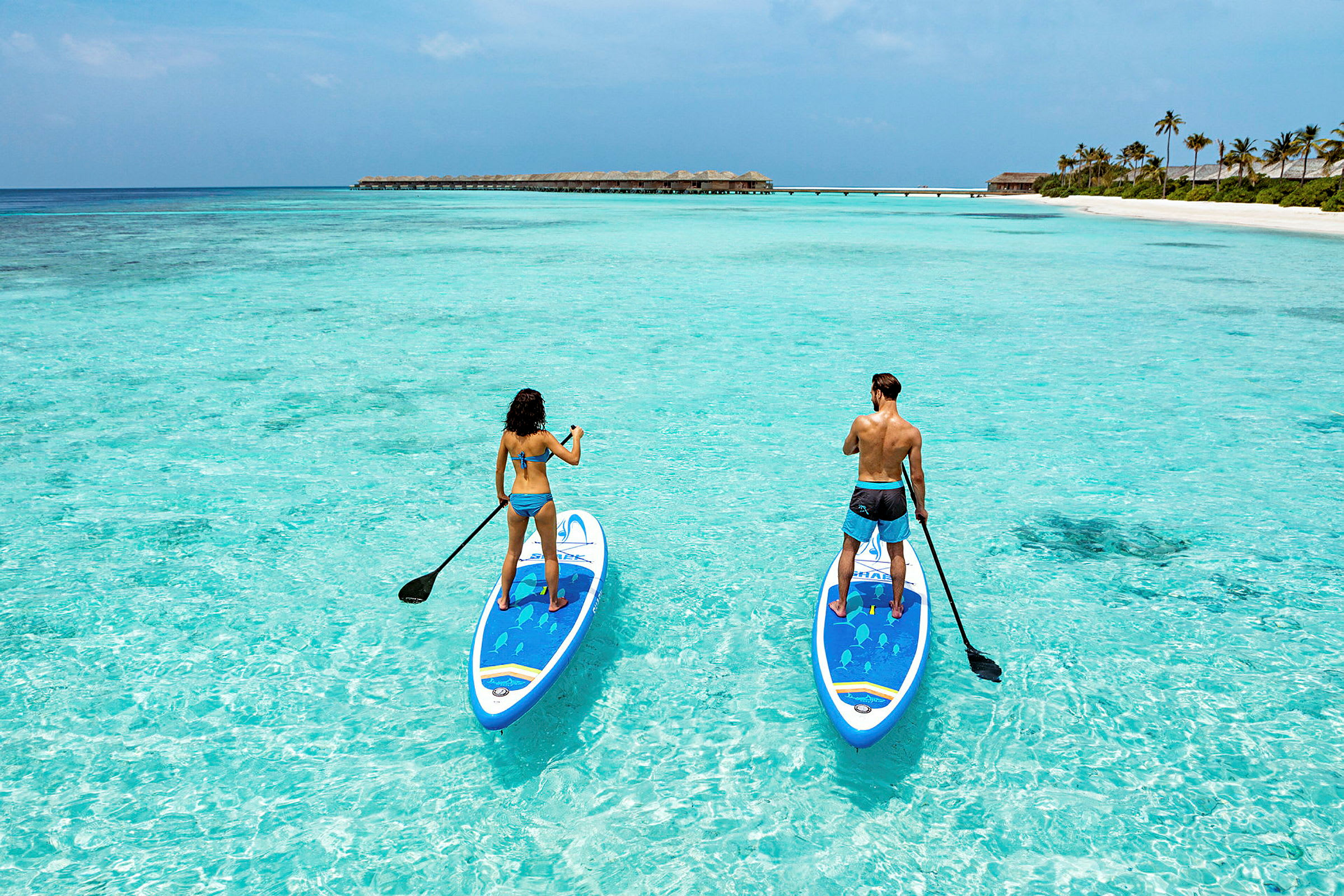 To personer padler stående på blå paddleboards i klart vand. (AI-genereret tekst)