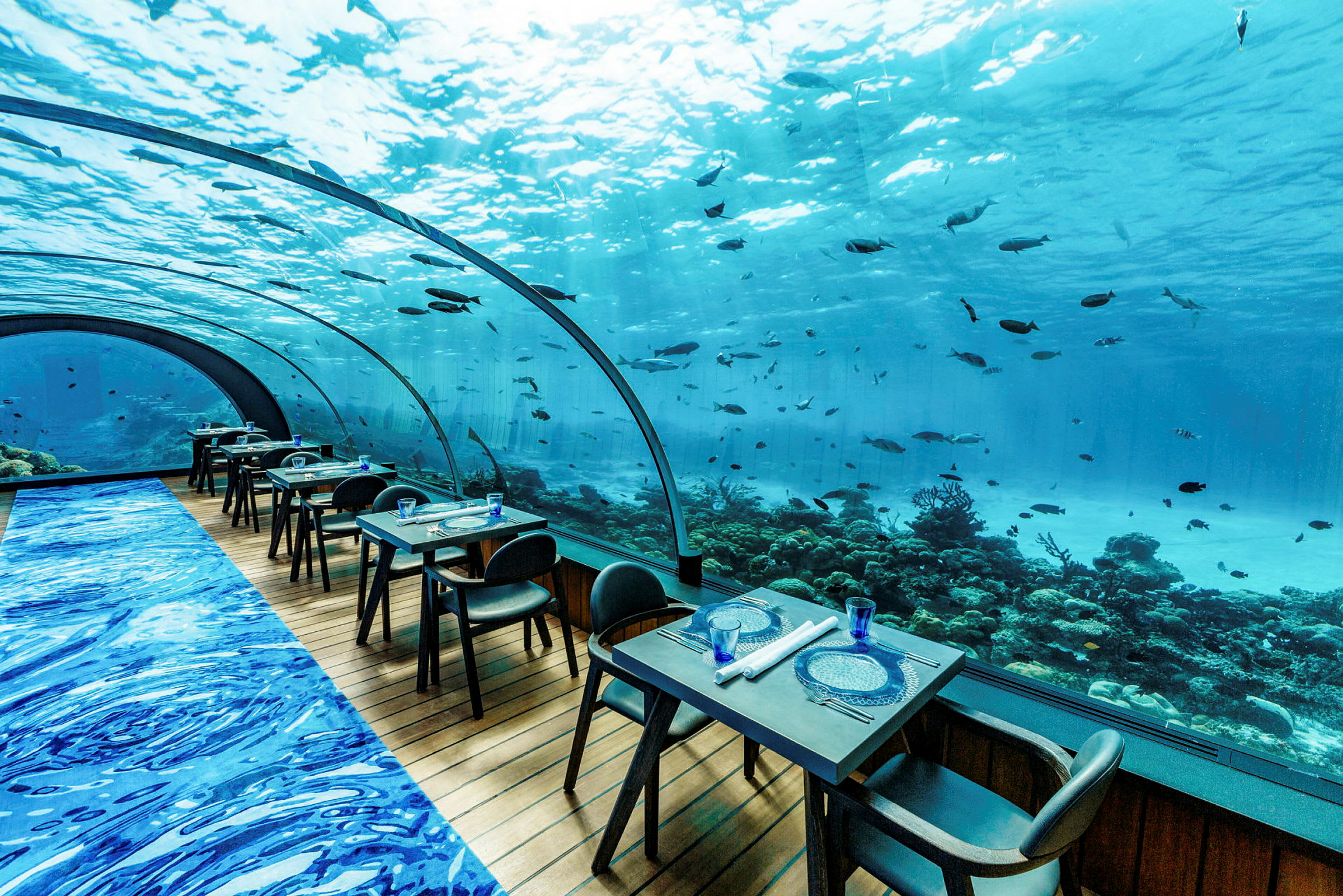 Undervandsmiljø med en restaurant, hvor borde og stole er opstillet foran et stort, buet vindue med udsigt til havet og fisk. (AI-genereret tekst)