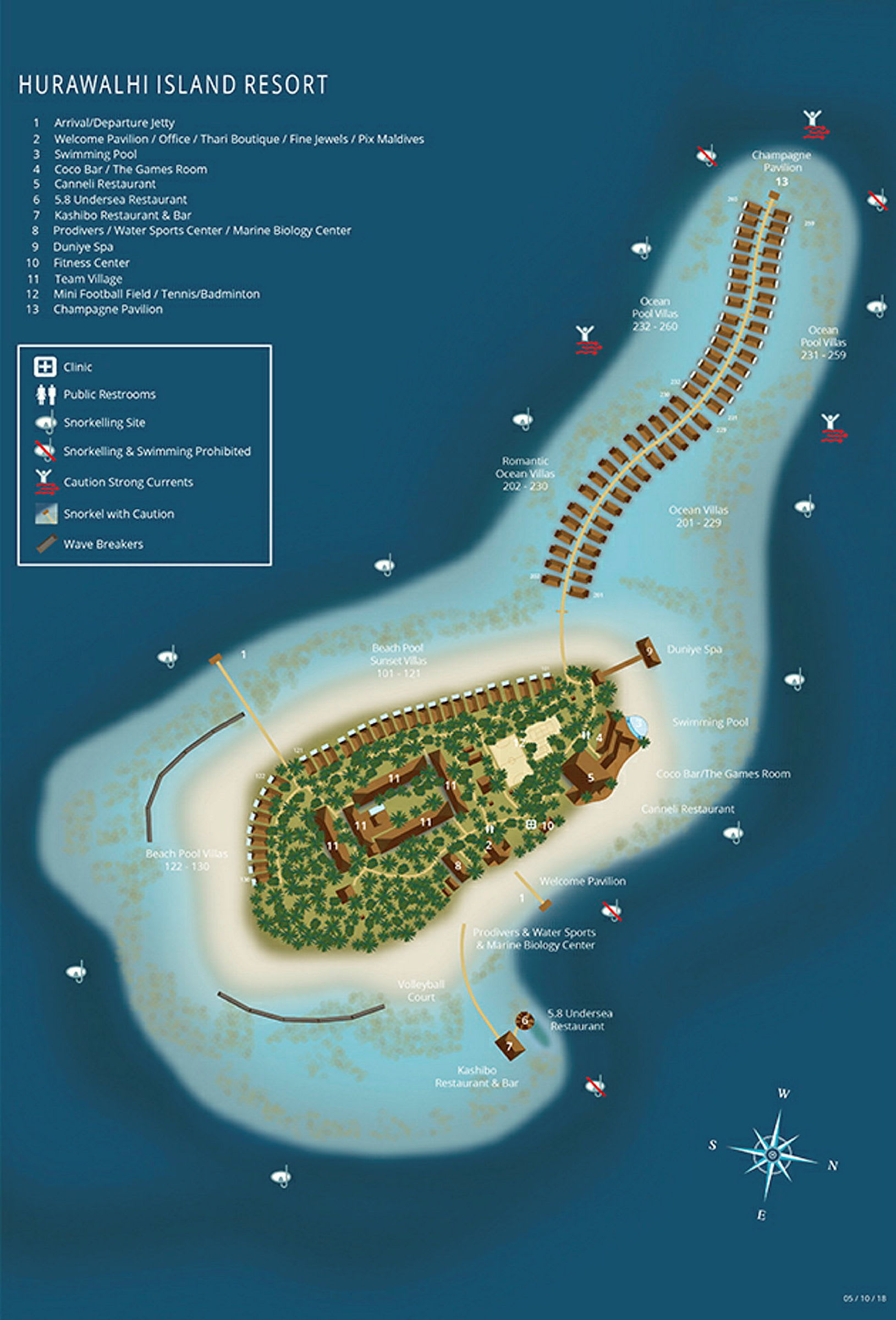 Kort over Hurawalhi Island Resort med markerede faciliteter og overnatningssteder. (AI-genereret tekst)