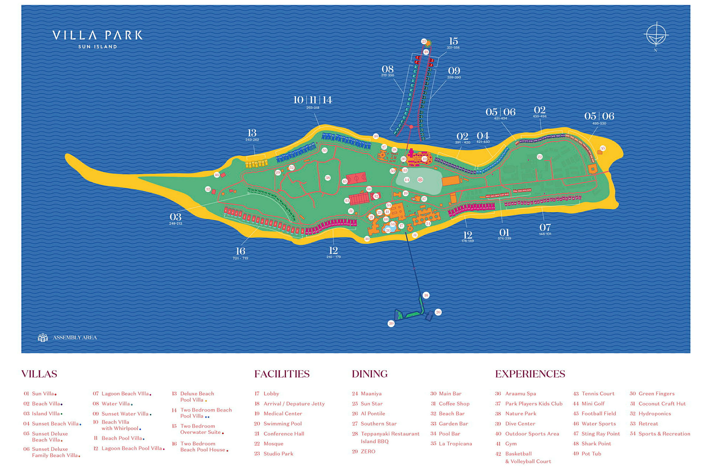 Et kort over Villa Park på Sun Island med forskellige bygninger, faciliteter og områder markeret. (AI-genereret tekst)