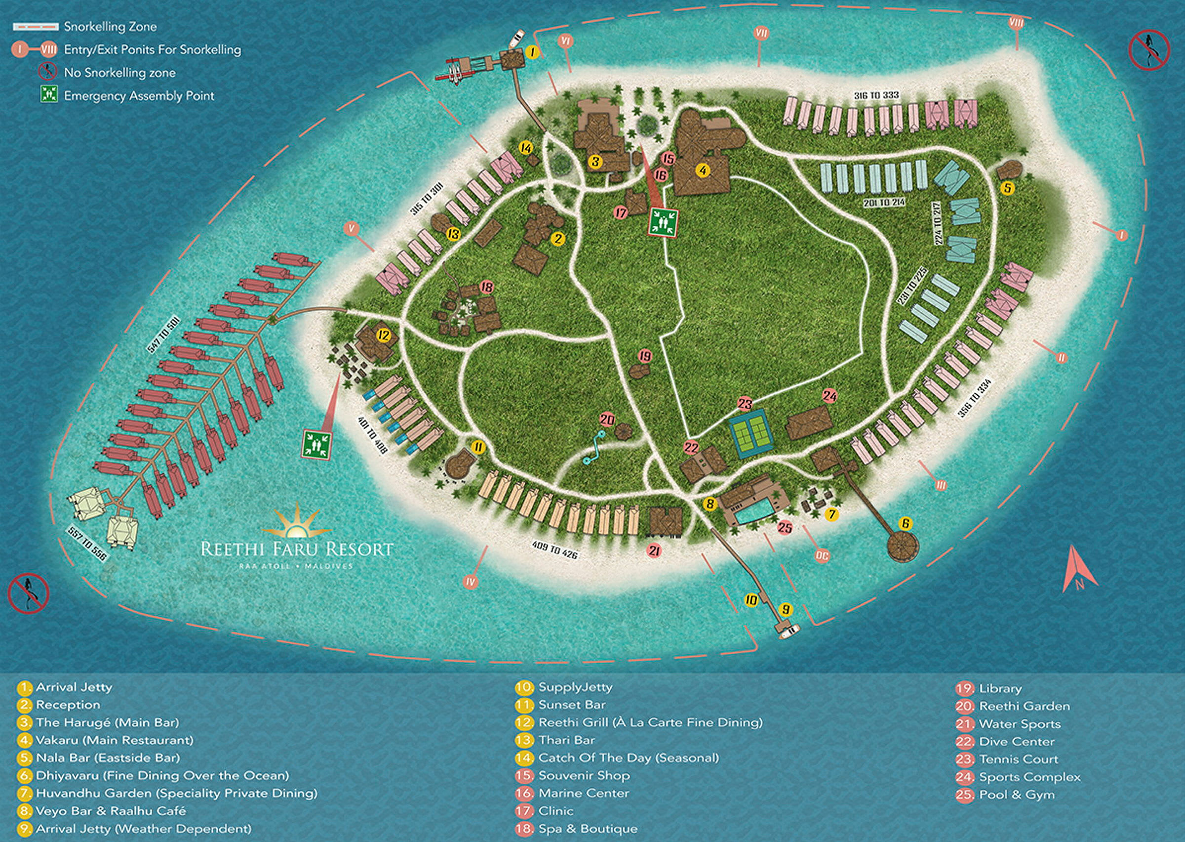 Kort over Reethi Faru Resort på Maldiverne med markerede zoner og bygninger. (AI-genereret tekst)