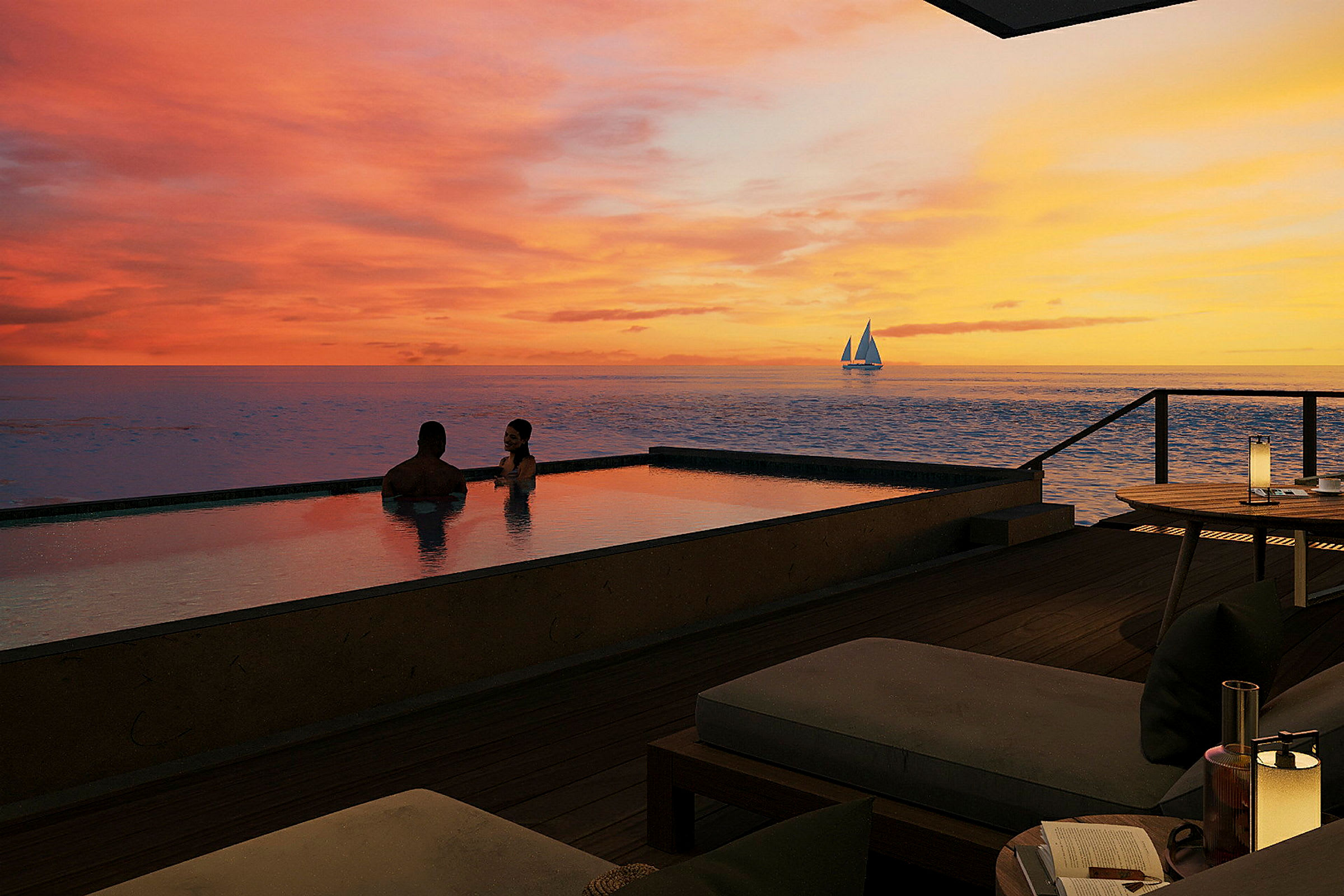 To personer sidder i en infinitypool ved solnedgangen med en sejlbåd på havet i baggrunden. (AI-genereret tekst)