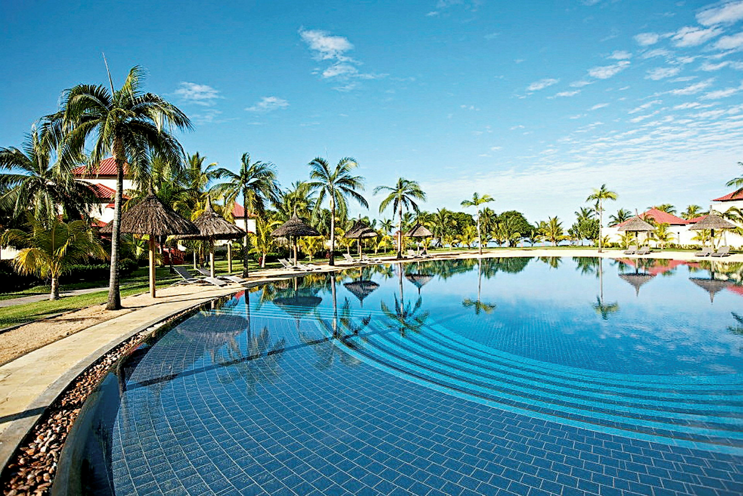 Pool med palmer og liggestole ved siden, under klar blå himmel. (AI-genereret tekst)