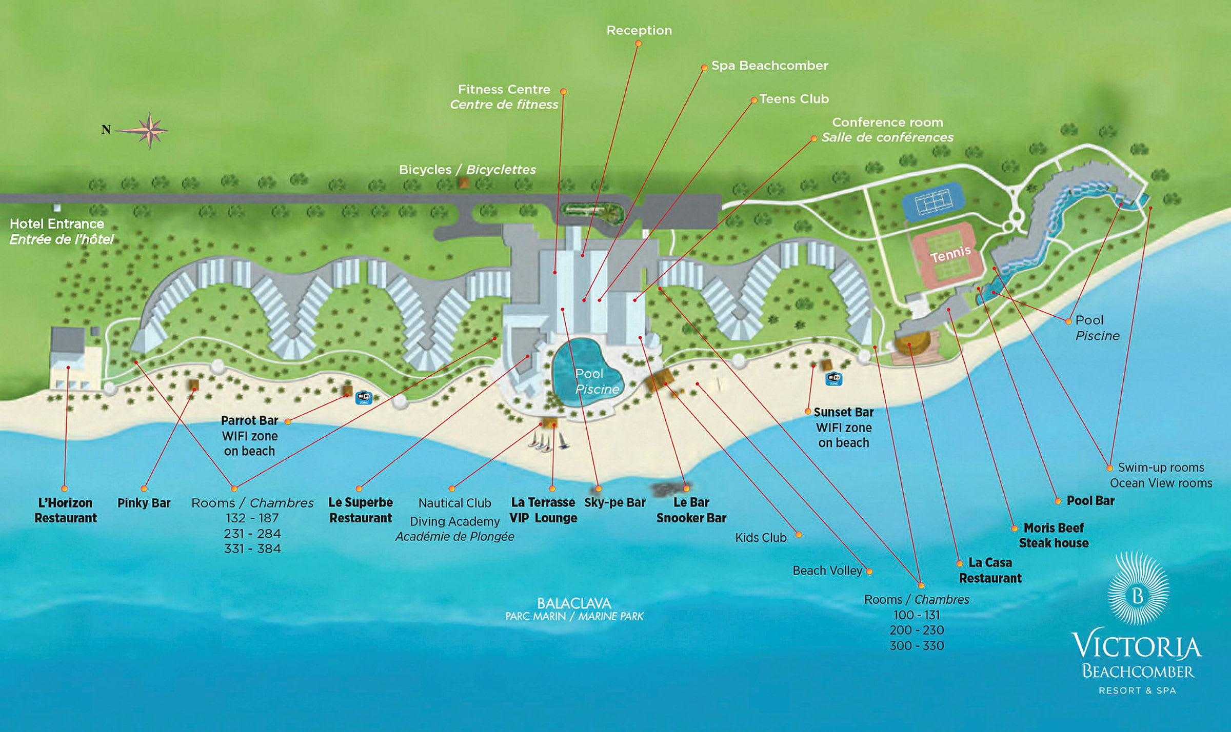Illustration af Victoria Beachcomber Resort & Spa med hotelområder, faciliteter og strand-muligheder markeret. (AI-genereret tekst)