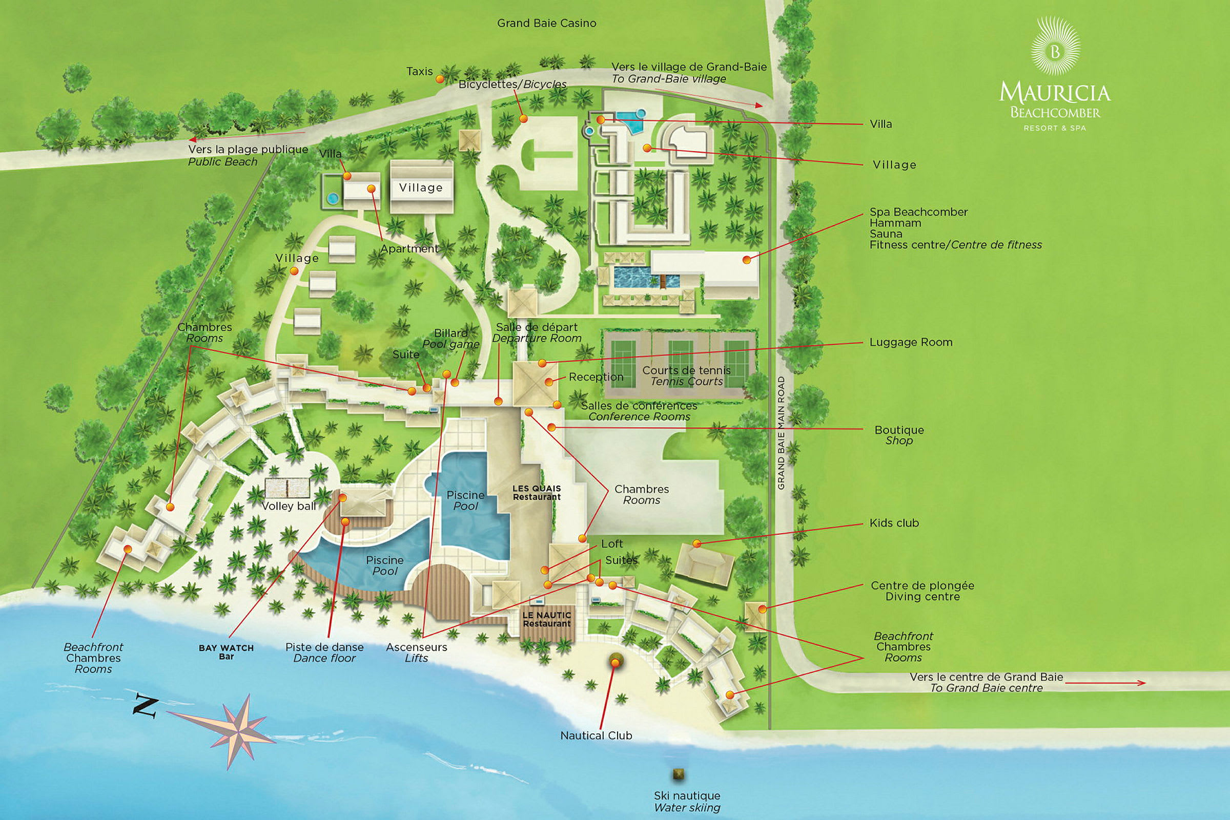Et kort over Mauricia Beachcomber Resort med markerede områder og faciliteter. (AI-genereret tekst)