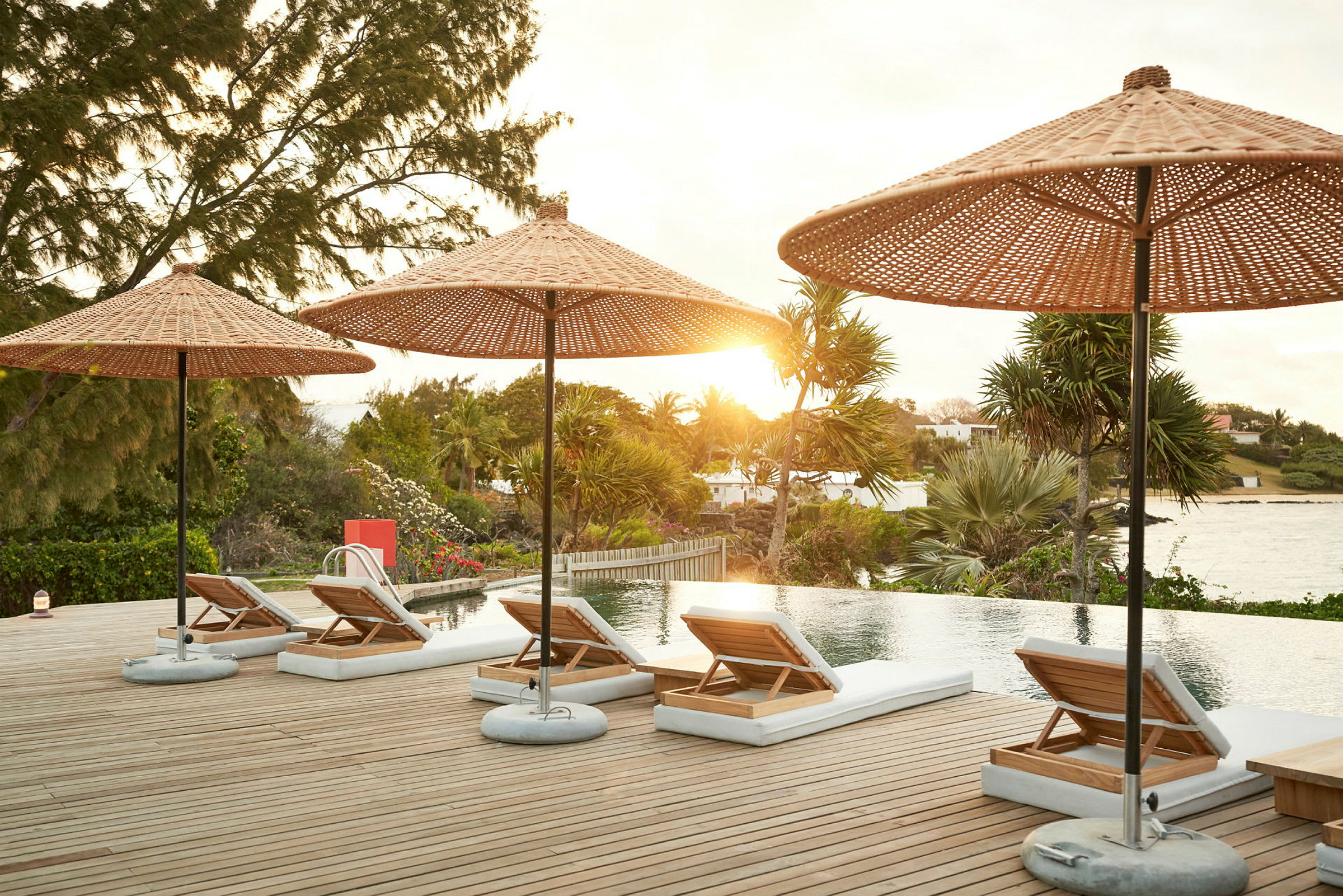 En træterrasse med liggestole og parasoller ved en pool med udsigt over et tropisk miljø ved solnedgang. (AI-genereret tekst)
