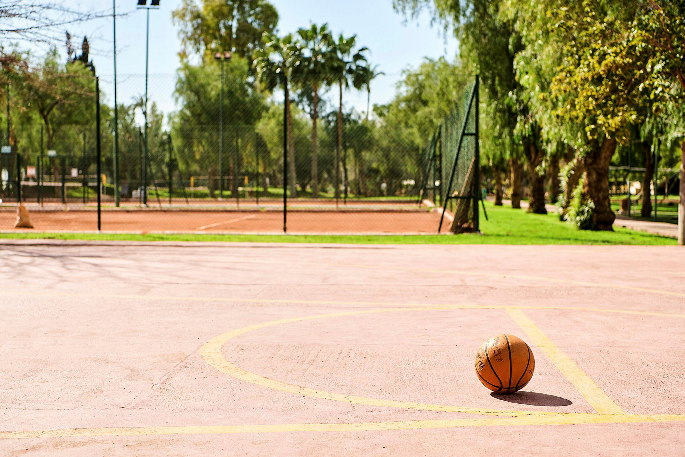 En basketball på en tom basketballbane med træer og hegn i baggrunden. (AI-genereret tekst)